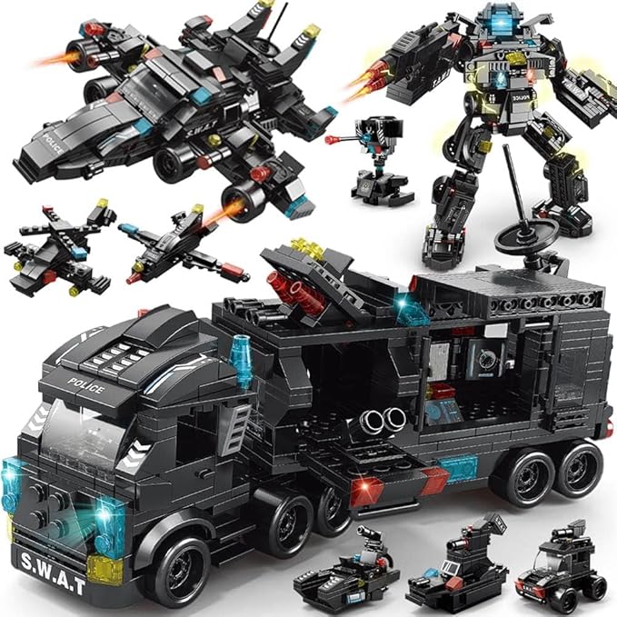 City Police Station Building Kit, Building Block Robot 27 in1 SWAT Police Command Truck Building Kit for Kids City Helicopter Bricks Kit Educational Toys for Boy 6-12 Years Old 585PCS-uFunSpace