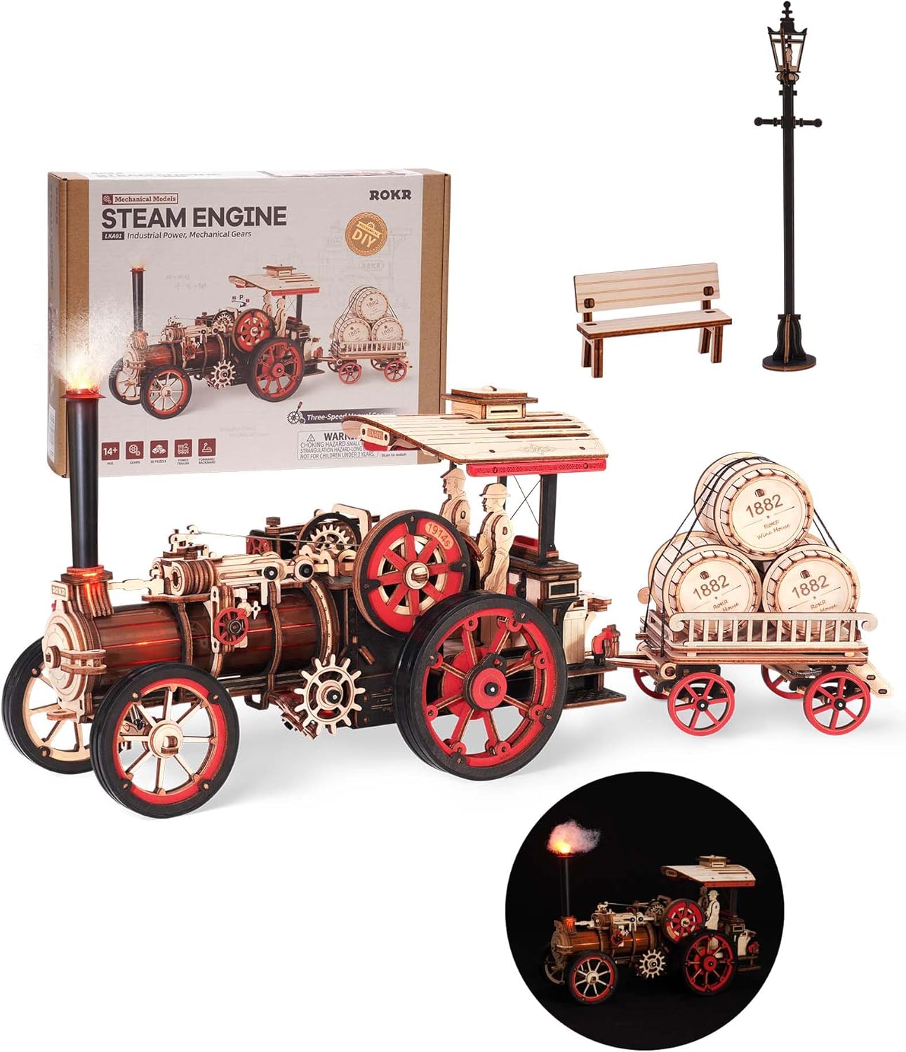 3D Puzzle for Adults 469pcs Electric Vintage Car Steam Engine Model Kits, Mechanical Wooden Assembly Puzzles Vehicle DIY Hobbies for Men Women-uFunSpace