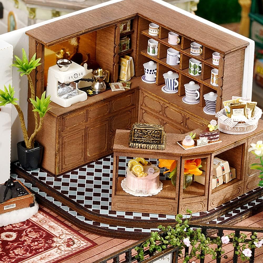 Dollhouse Miniature with Furniture, DIY Wooden Dollhouse Kit Plus Dust Proof, Creative Room Idea(Forest Tea Shop)-uFunSpace