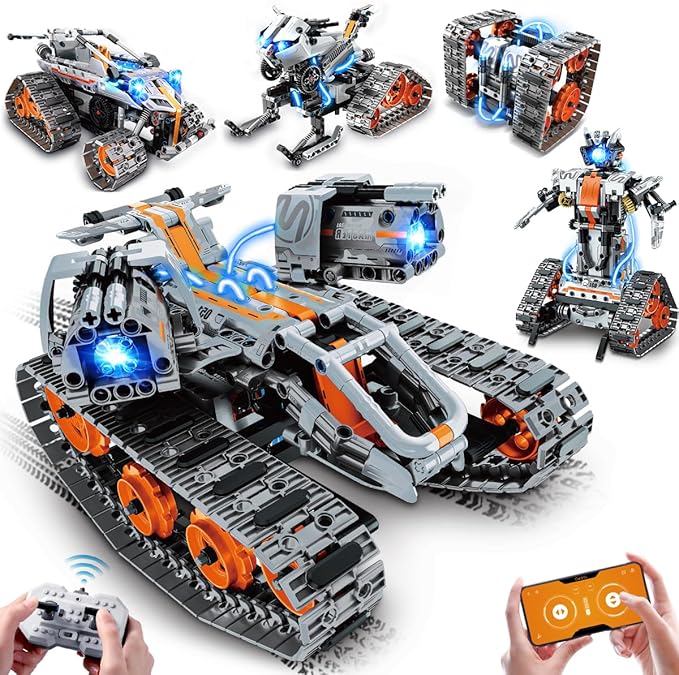 5-in-1 Building Toys with LED Light, APP & Remote Controll Building Block Set, 604 PCS RC Tech Rechargeable Tank Robot Sleigh Tracked Racer Toy, Gift for Kids Boys Girls Ages 6 7 8 9 10 11 12+-uFunSpace