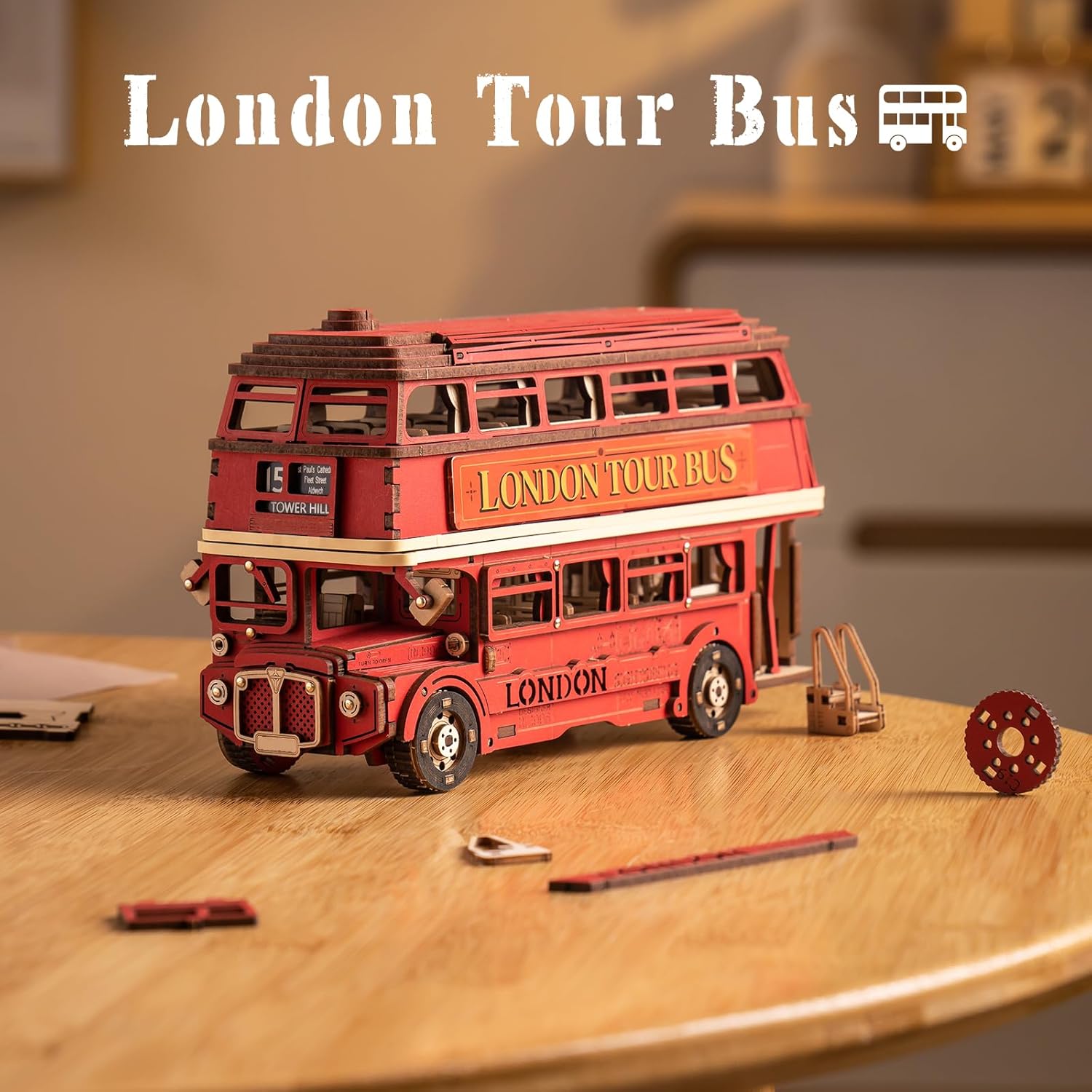3D Puzzles for Adults Wooden Craft London Tour Bus DIY Model Kit to Build Educational Brain Teaser Toy for Kids Craft Decor Gift-uFunSpace