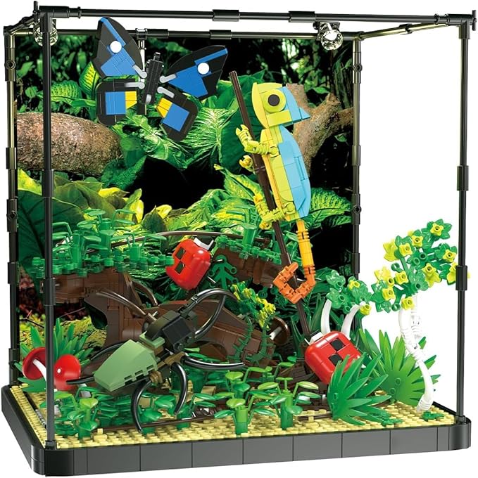 Tropical Rainforest Building Set with LED Light,Jungle Landscape Building Blocks with Chameleon Butterfly Beetle Ladybug Plant Animal,Desktop Decor Display Gift for Aldults and Teens(1358pcs)-uFunSpace