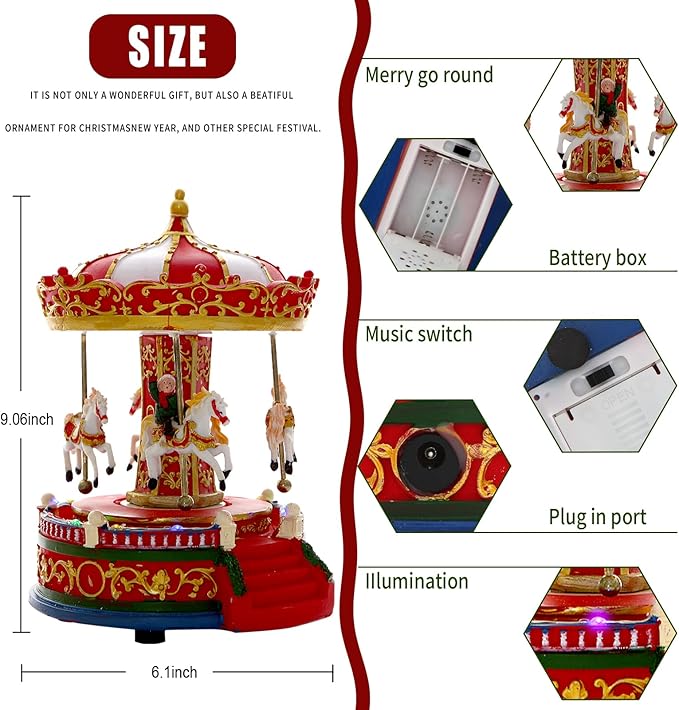 Christmas Carousel Figurines Decoration Christmas Village House Musical Carousel with 6 Moving Horses Go Round, 8 Pieces of Music Snow Globe, Music Box for Girl and Boy Kids-uFunSpace