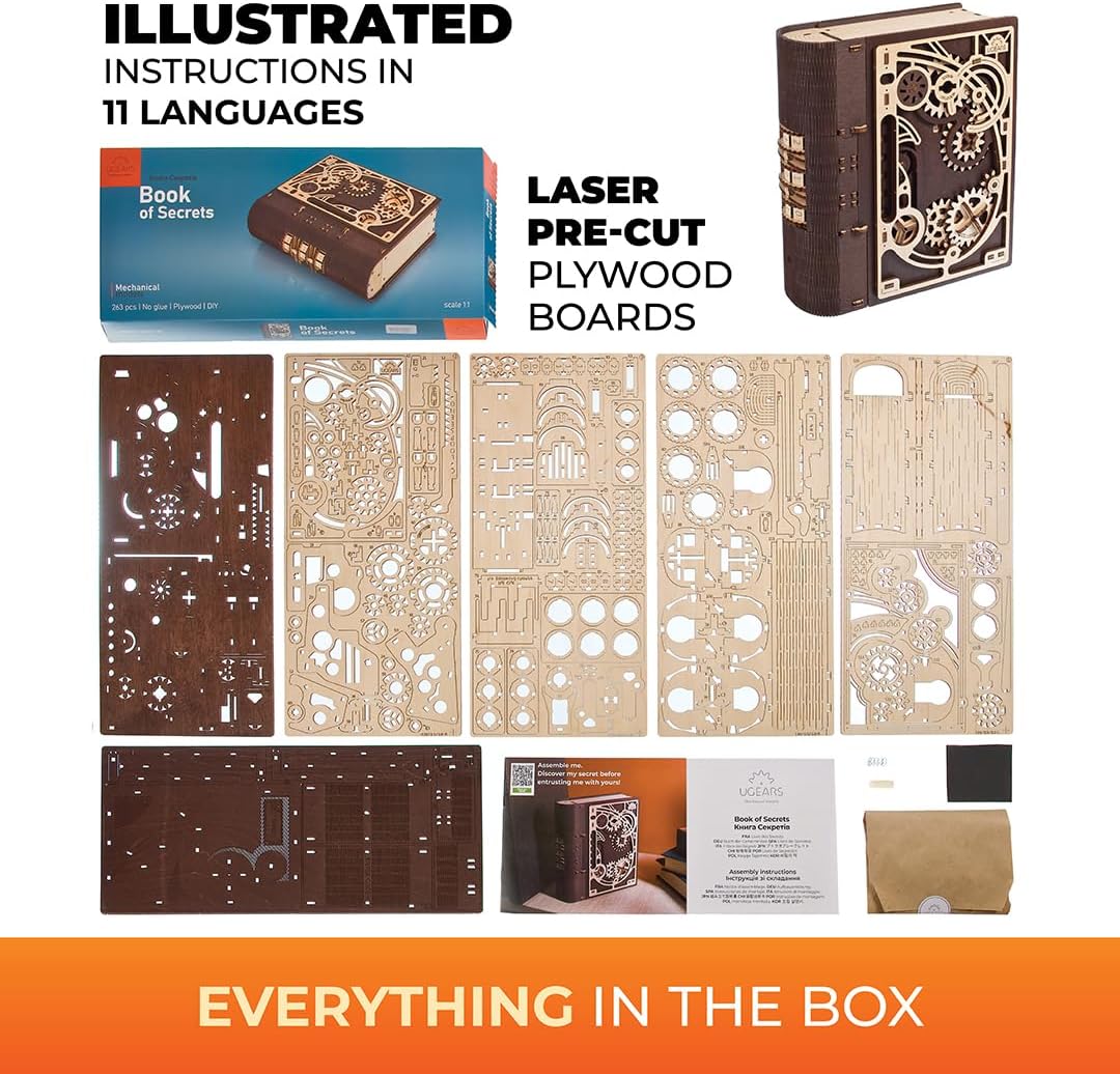 Book of Secrets 3D Puzzle Box - 3D Wooden Puzzles for Adults, Fun DIY Kits for Adults - Steampunk Combination-Lock Treasure Box Adult Puzzles Unique Gift for Hobby Enthusiasts - 263 Pcs-uFunSpace