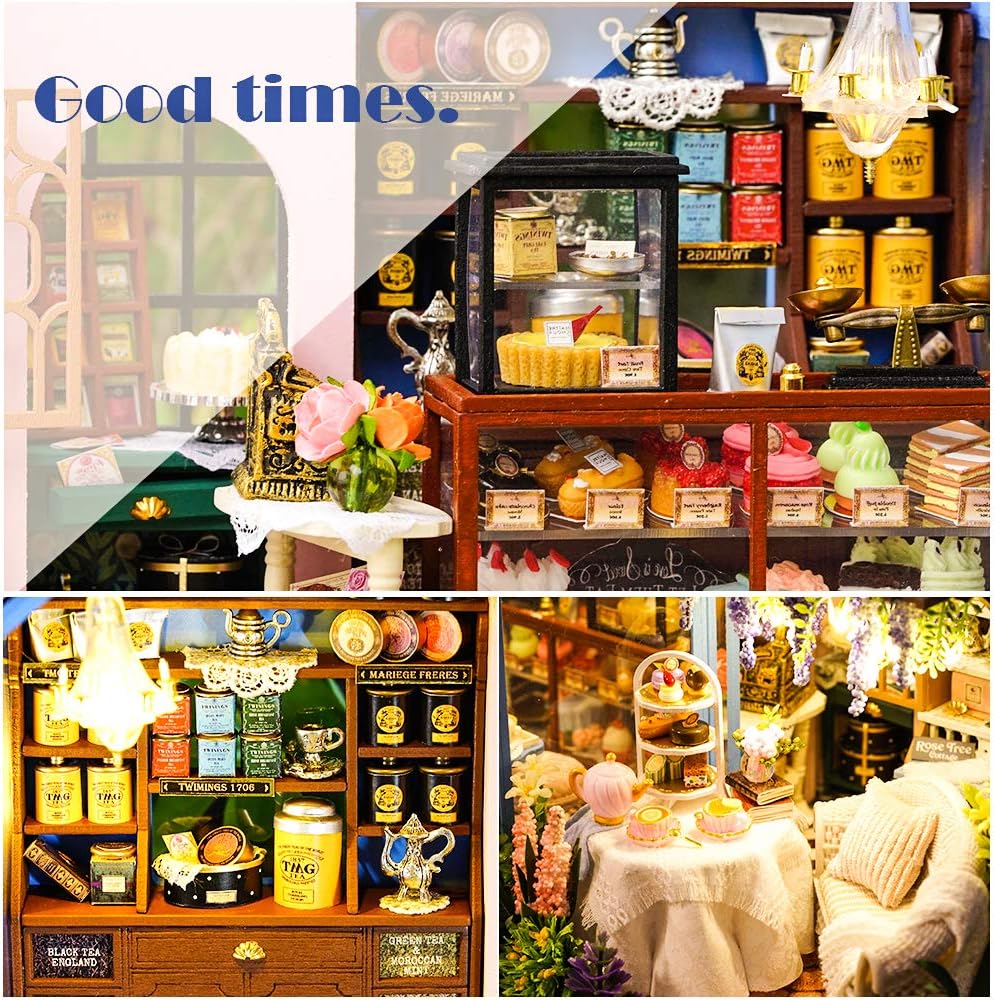 Dollhouse Miniature House with Furniture, DIY Dollhouse Kit with Dust Proof, Music Movement, 1:24 Scale Creative Room for Valentine's Day Gift for Family and Friends (Rose Garden Tea House)-uFunSpace