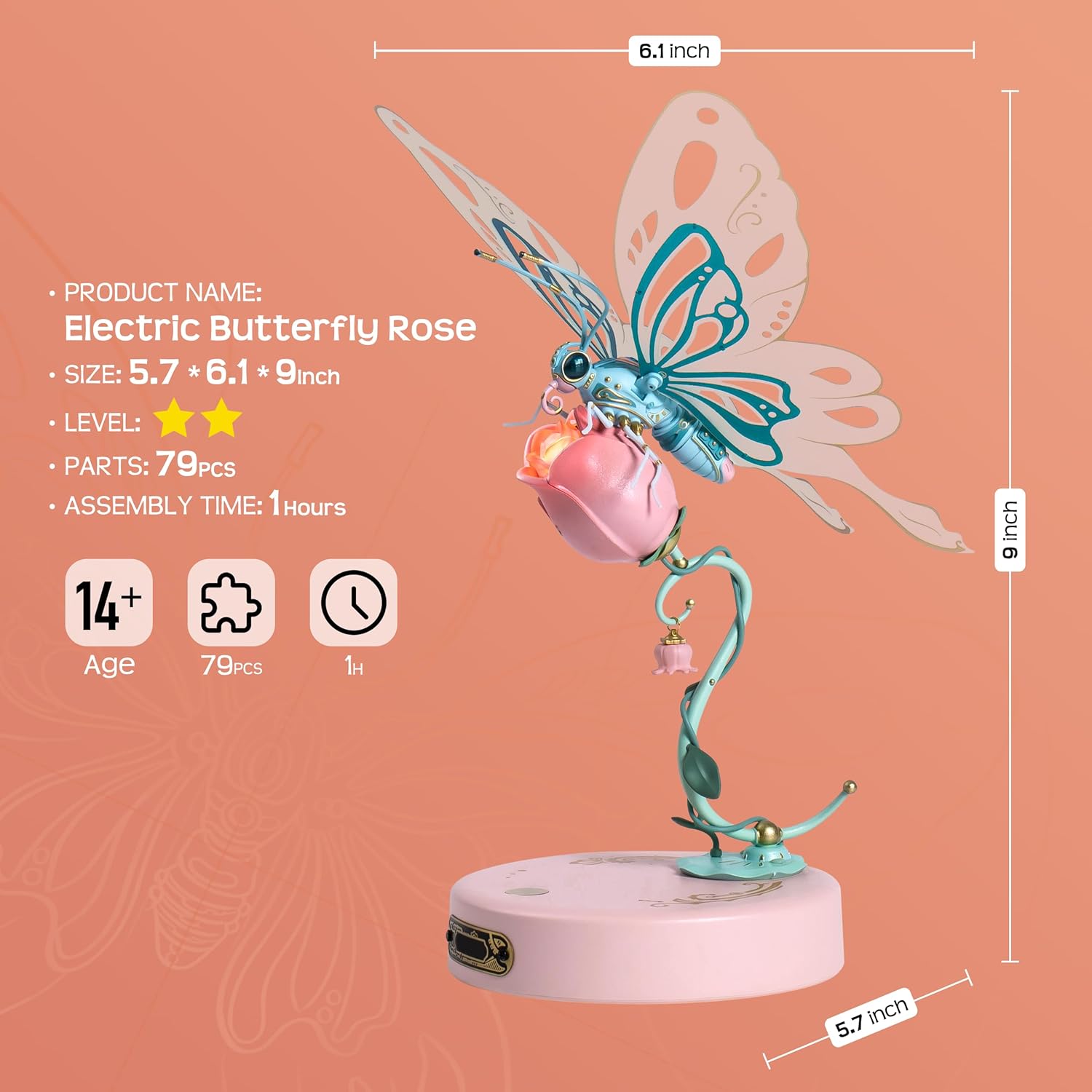 3D Puzzles for Adults,Mechanical Butterfly Puzzle for Adults,Species Model Kit,Electric Building Toy Kit,DIY Creative Craft Gifts for Adults,Unique Office&Home Decor (Pink)-uFunSpace