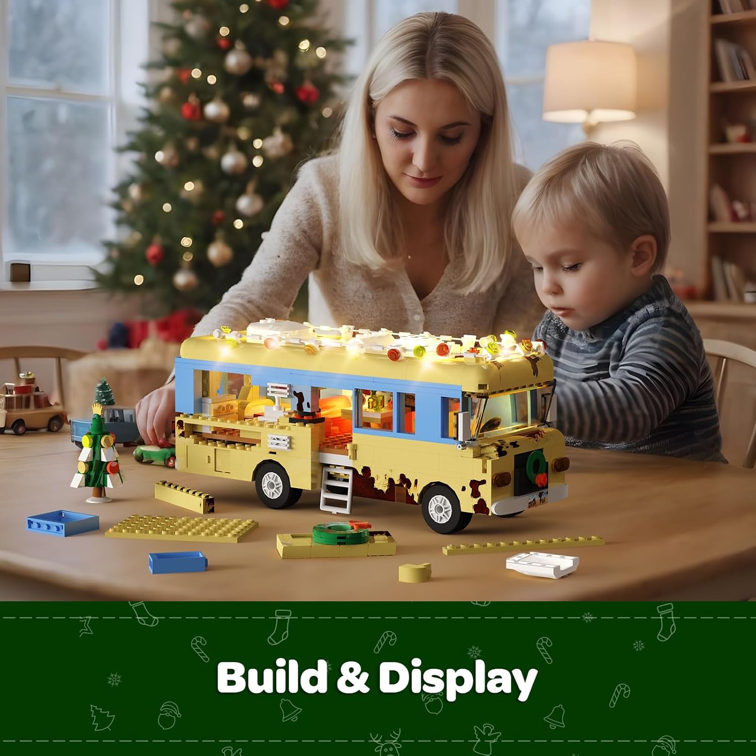 Christmas RV building block set snow car camper building block set with colored lights and Christmas tree Christmas toys winter series suitable for adults and children-uFunSpace