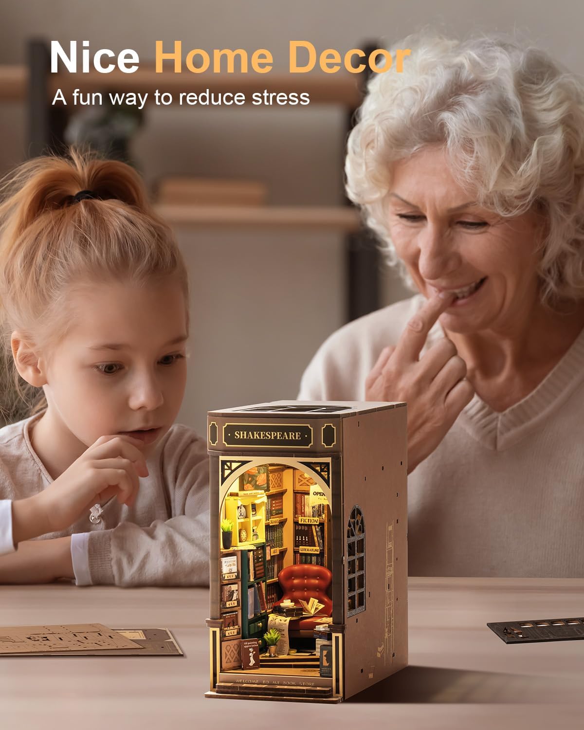 Family members bonding while assembling the 3D wooden Book Nook Kit, creating cherished memories through collaborative craft and shared creativity-uFunSpace
