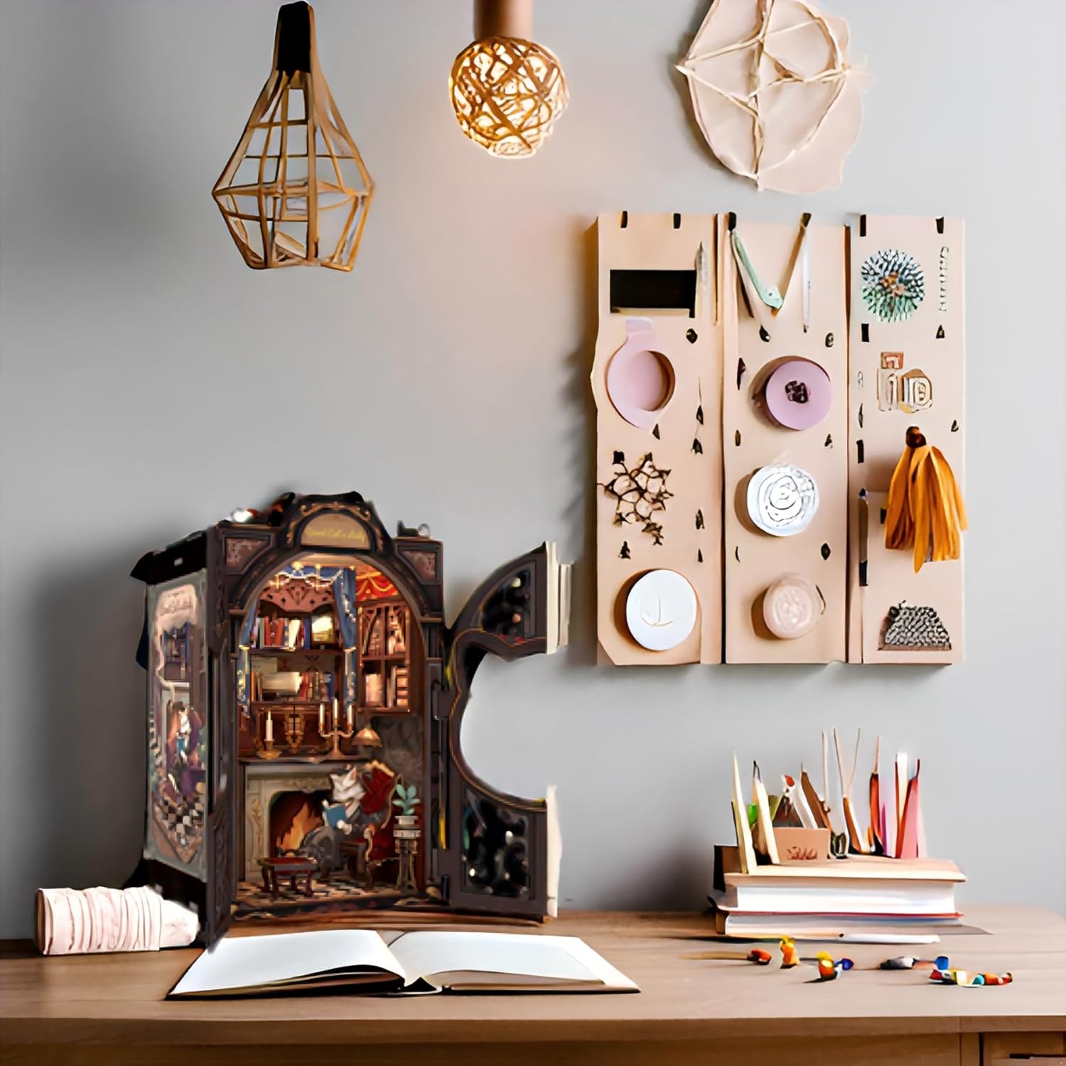 Book Nook Kit, DIY Miniature House Kit Puzzle Booknook Mini for Adult Bookshelf Alley Decor for Women Teens Craft Lovers(Count Cat's Study)-uFunSpace