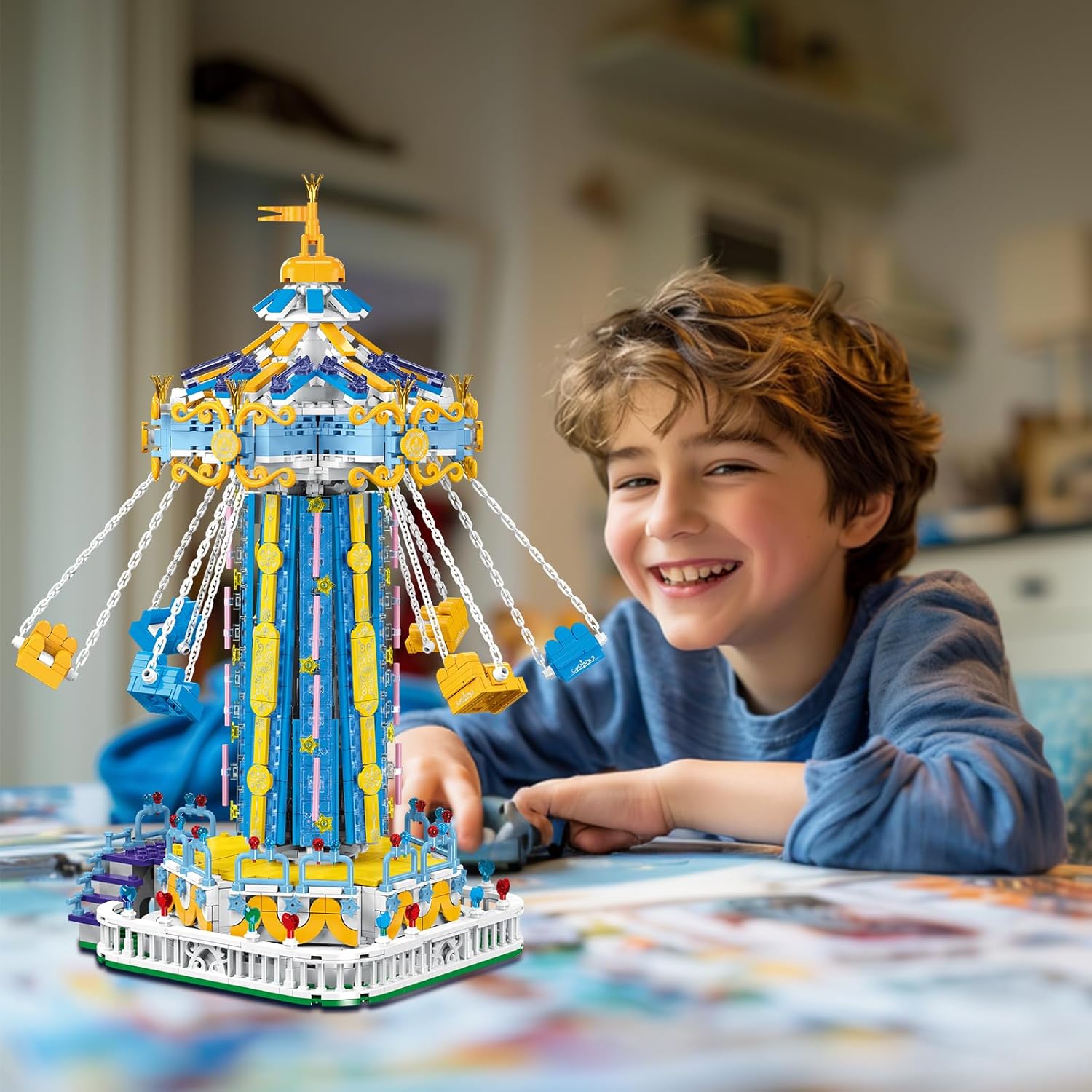 Swing Ride Building Blocks Set. Large Amusement Park Model Kit for Boys and Girls Over 6 Years Old., Carousel Building Set for Motorized Control and With LED Ligh, Christmas Birthday Gifts- 1892 PCS-uFunSpace