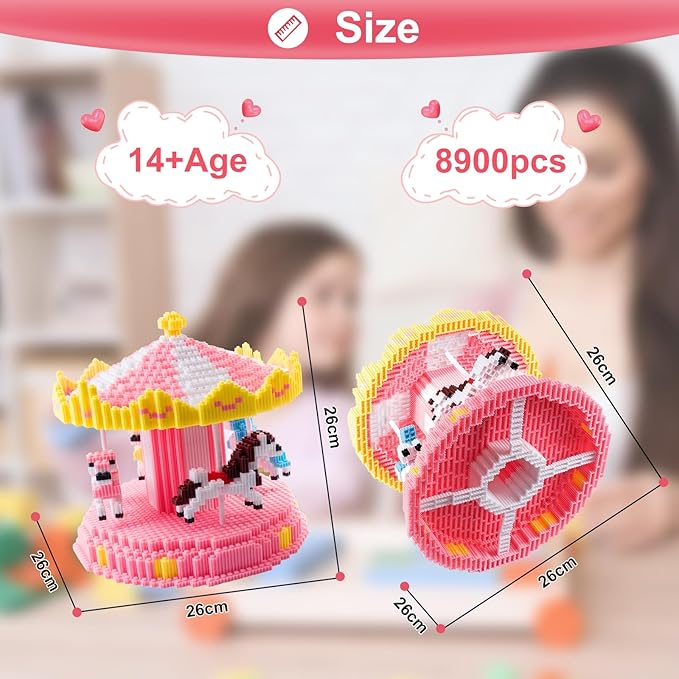 3D Carousel Mini Building Blocks Set, DIY Educational Particle Puzzle Building Bricks Toy Kits, 8900 PCS DIY Model Building Kits Toy Gifts for Kids Desk Decor for Boys/Girls-uFunSpace