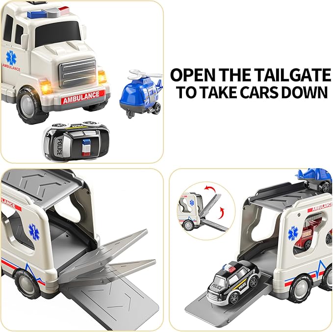 5 Pack Ambulance Vehicle Toddler Truck Toys for 3 4 5 6 Year Old Boys, Friction Powered Cars with Toy Helicopter, Police Car, Fire Truck, Ambulance Car, Birthday Gifts for Girls Age 3-9-uFunSpace