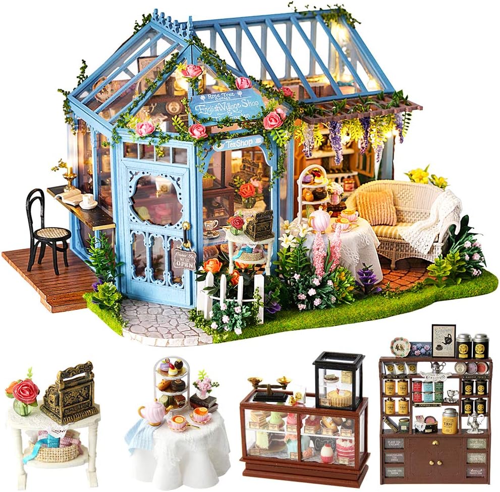 Dollhouse Miniature House with Furniture, DIY Dollhouse Kit with Dust Proof, Music Movement, 1:24 Scale Creative Room for Valentine's Day Gift for Family and Friends (Rose Garden Tea House)-uFunSpace