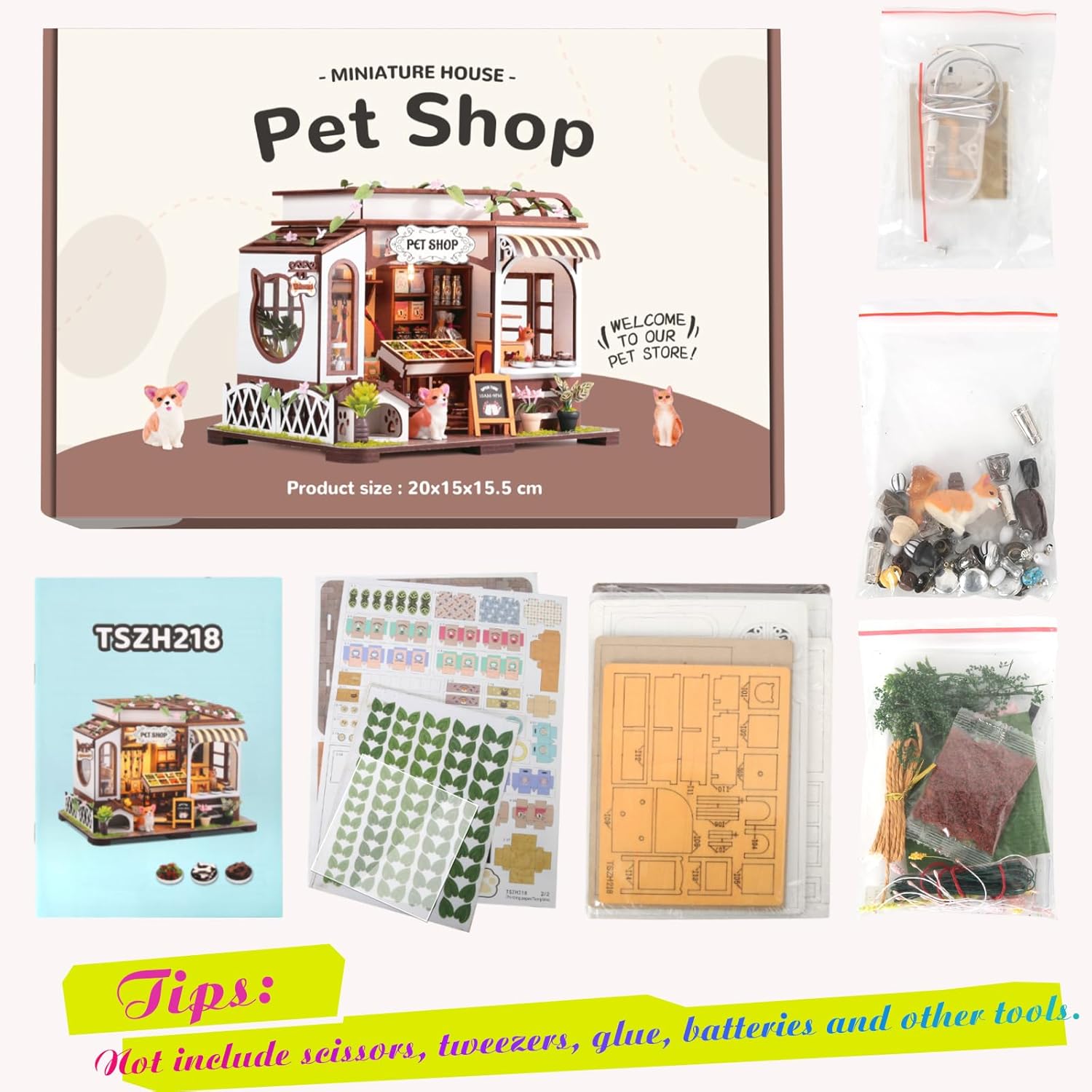 DIY Miniature House Kit,Tiny House Pet Shop with Furniture & LED,DIY Dollhouse Miniature Kit for Adults Teen,Mini House Building kit,3D Wooden Craft Mini Model Kit,Birthday Gifts Home Decor-uFunSpace