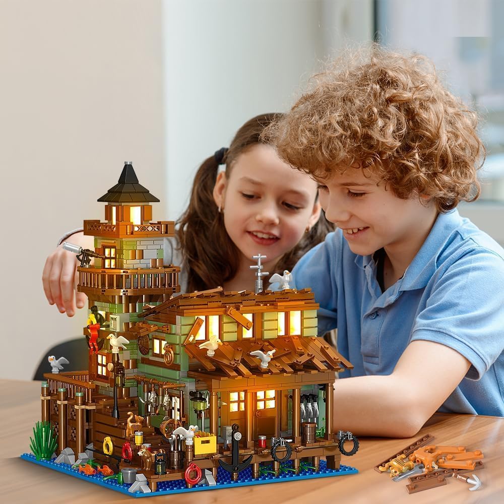 Fishing Village Store House Building Set with LED Light, 1845PCS Wood Cabin Mini Building Block Architecture Kit for Adults Boys Girls Ages 8+-uFunSpace