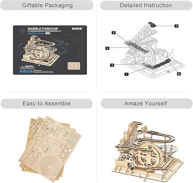 3D Wooden Puzzles Marble Run Set - Mechanical Model Kit for Adults DIY Roller Coaster Toys Gifts for Boys/Girls (Marble Parkour)-uFunSpace