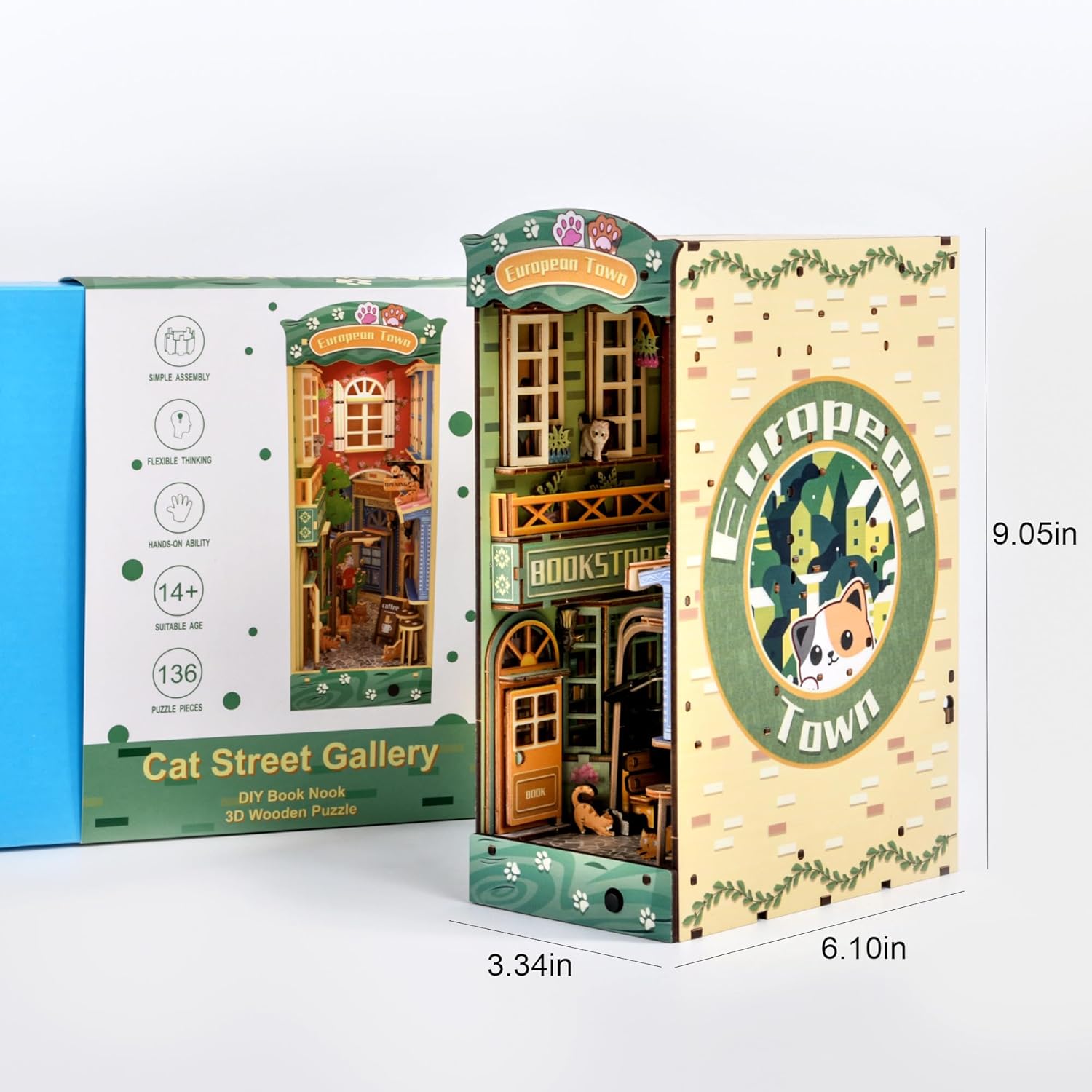Cat Street Gallery DIY Book Nook kit box and finished model, showing dimensions 9.05 inches high and 136 puzzle pieces.-uFunSpace