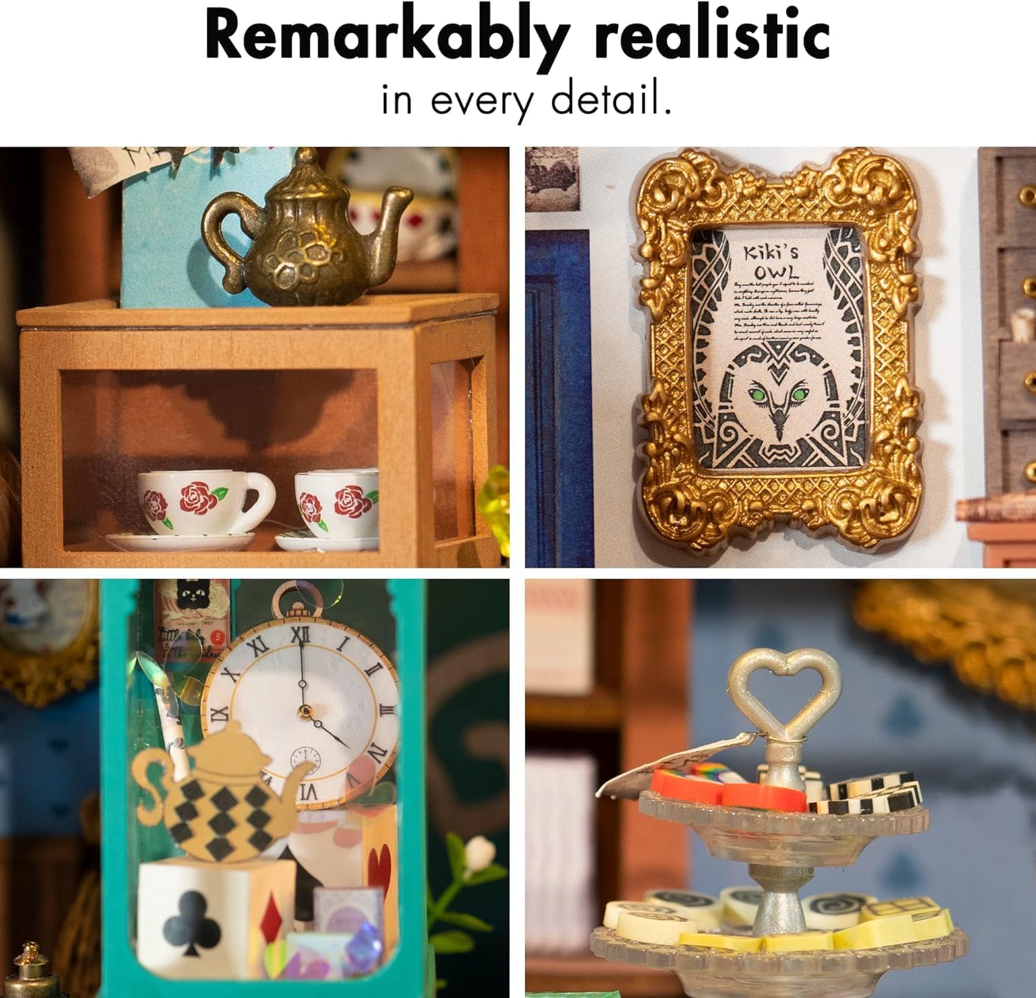 Interior details of Alice's Tea Store: miniature golden teapot, owl picture frame, clock window display, and heart-shaped cake stand-uFunSpace