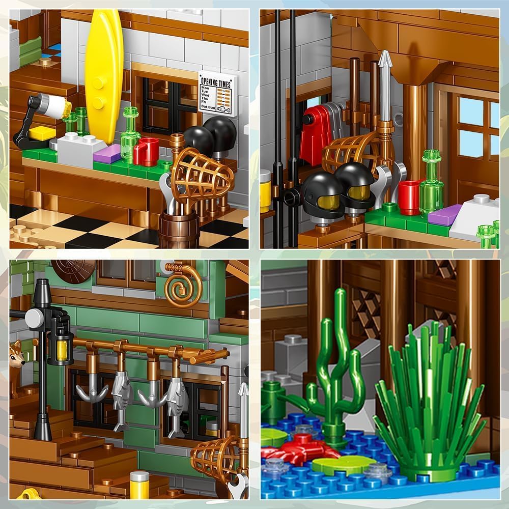 Fishing Village Store House Building Set with LED Light, 1845PCS Wood Cabin Mini Building Block Architecture Kit for Adults Boys Girls Ages 8+-uFunSpace