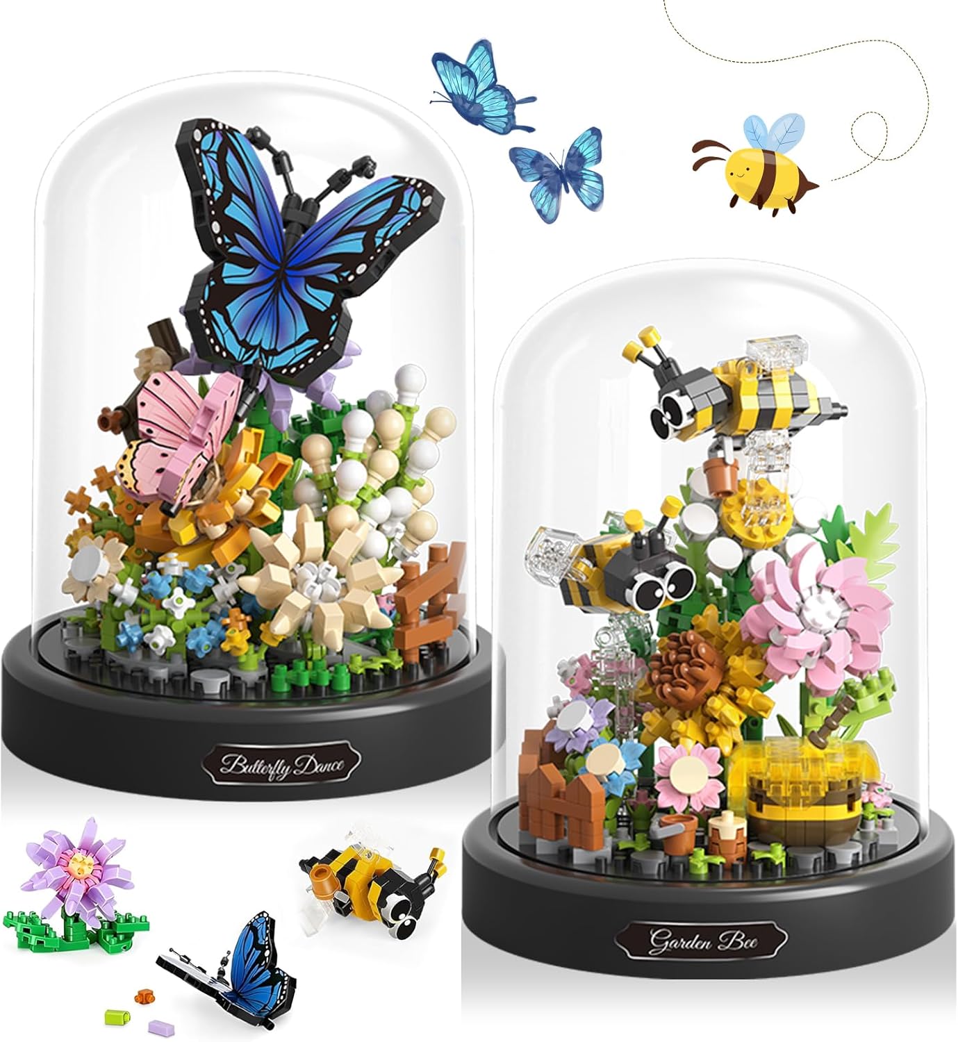 2 Flowers Bouquet Building Set Insect Collection Not Compatible with Lego, Mini Animals Bee & Sunflowers, Butterfly & Rose Botanical Stacking Building Blocks, Plant Bonsai Tree Ideal Gift-uFunSpace
