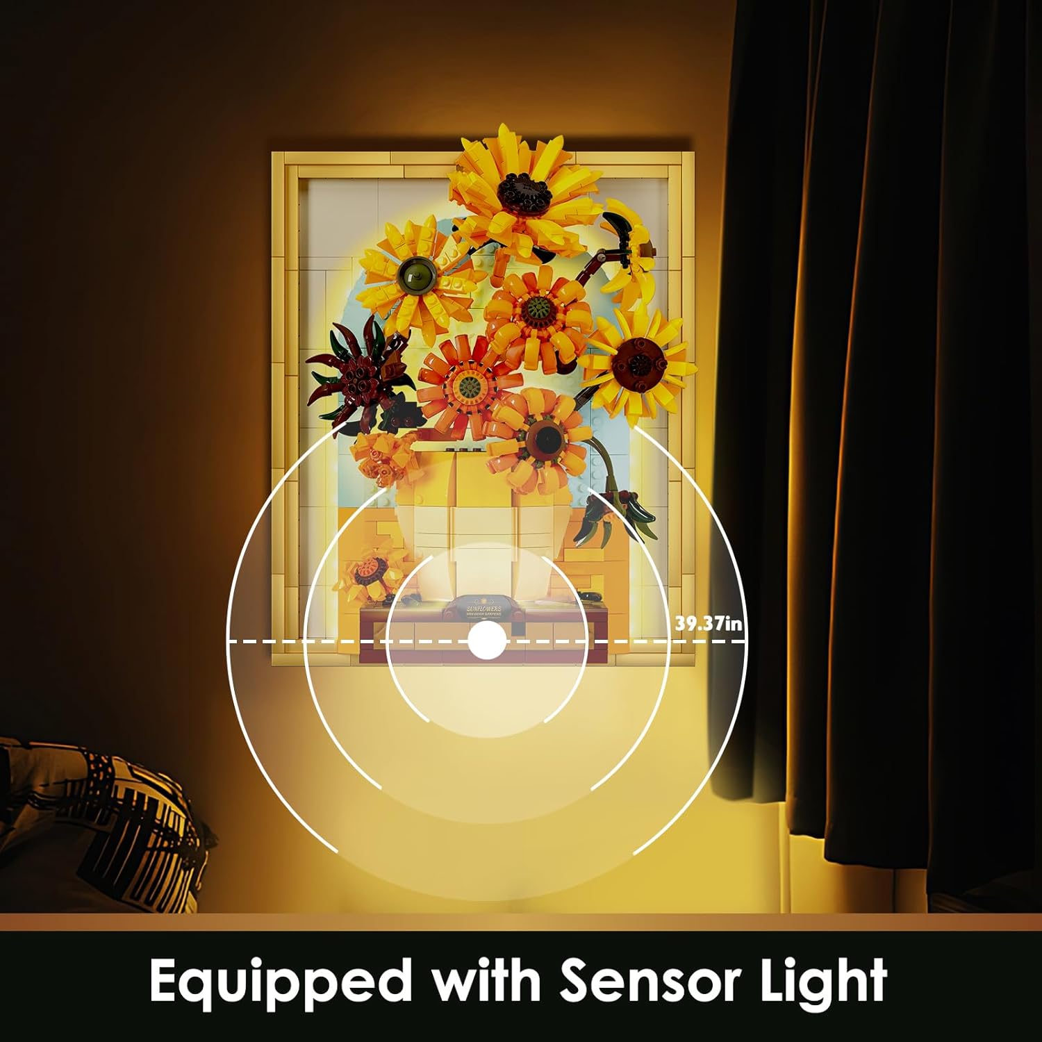 Flower Sunflower Building Block Set Adult with Light 70004 Van Gogh Wall Art Crafts Creative Bouquet, Painting Frame Room Decoration, Thanksgiving Christmas Birthday Gift for Women Girls-uFunSpace