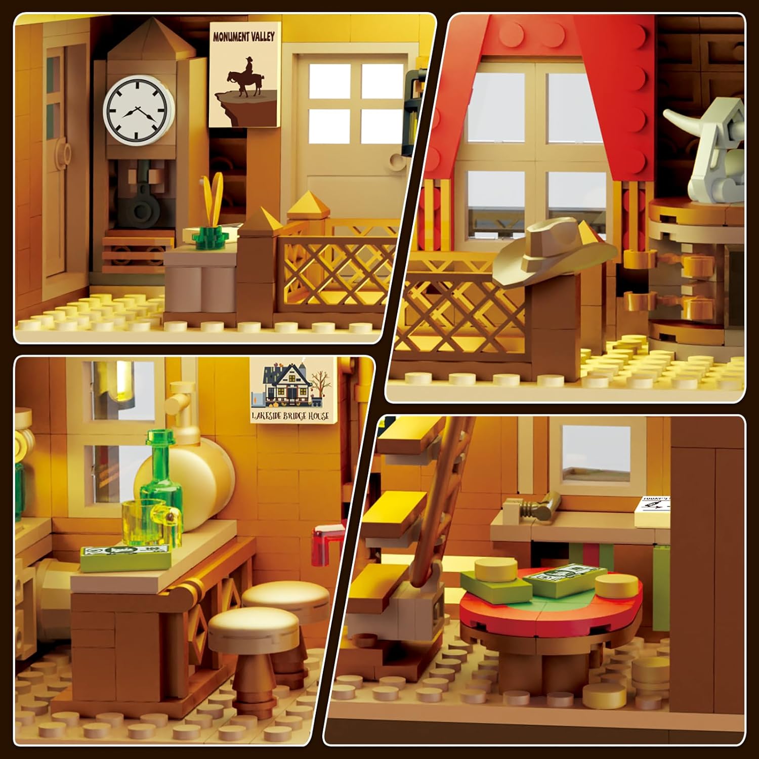 Western Saloon Building Set with LED Light, Wild West Mini Building Block for Adults, 2056 PCS Construction Model with Horse Stable Cowboy Hat, Building Toy for Teens Kids 10+-uFunSpace