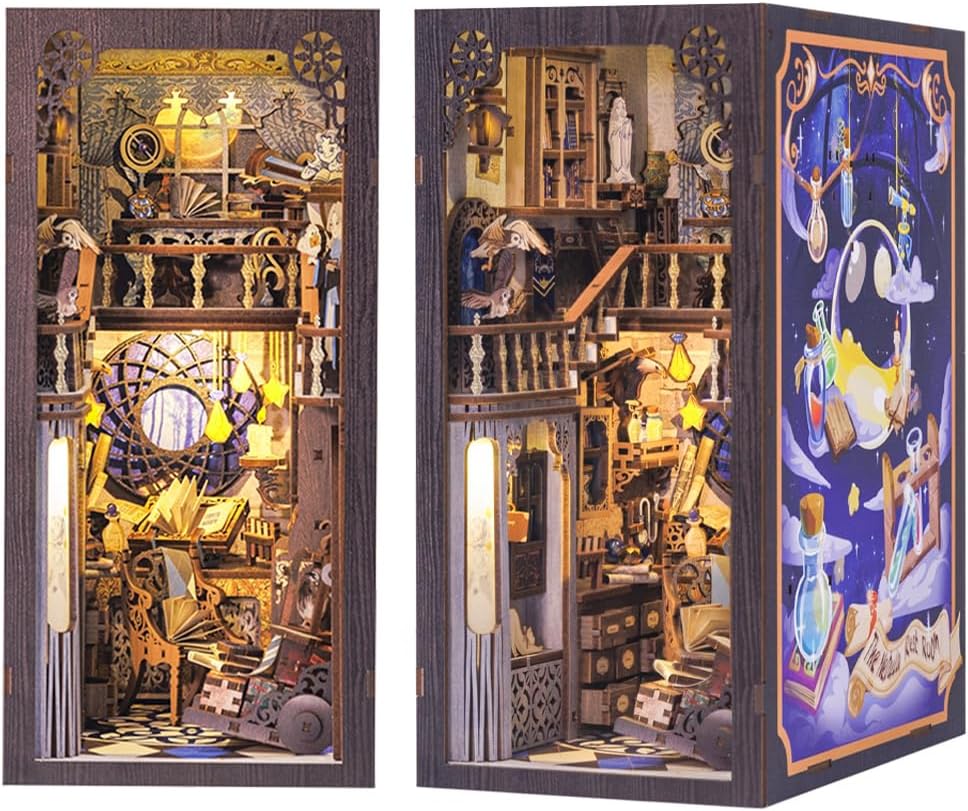 Book Nook Kit, DIY Dollhouse Miniature House Booknook for Adults and Teens, Bookshelf Insert Decor, Bookends Model Build-Creativity Gift Kit for Friends and Family (Nebula Common Room)-uFunSpace