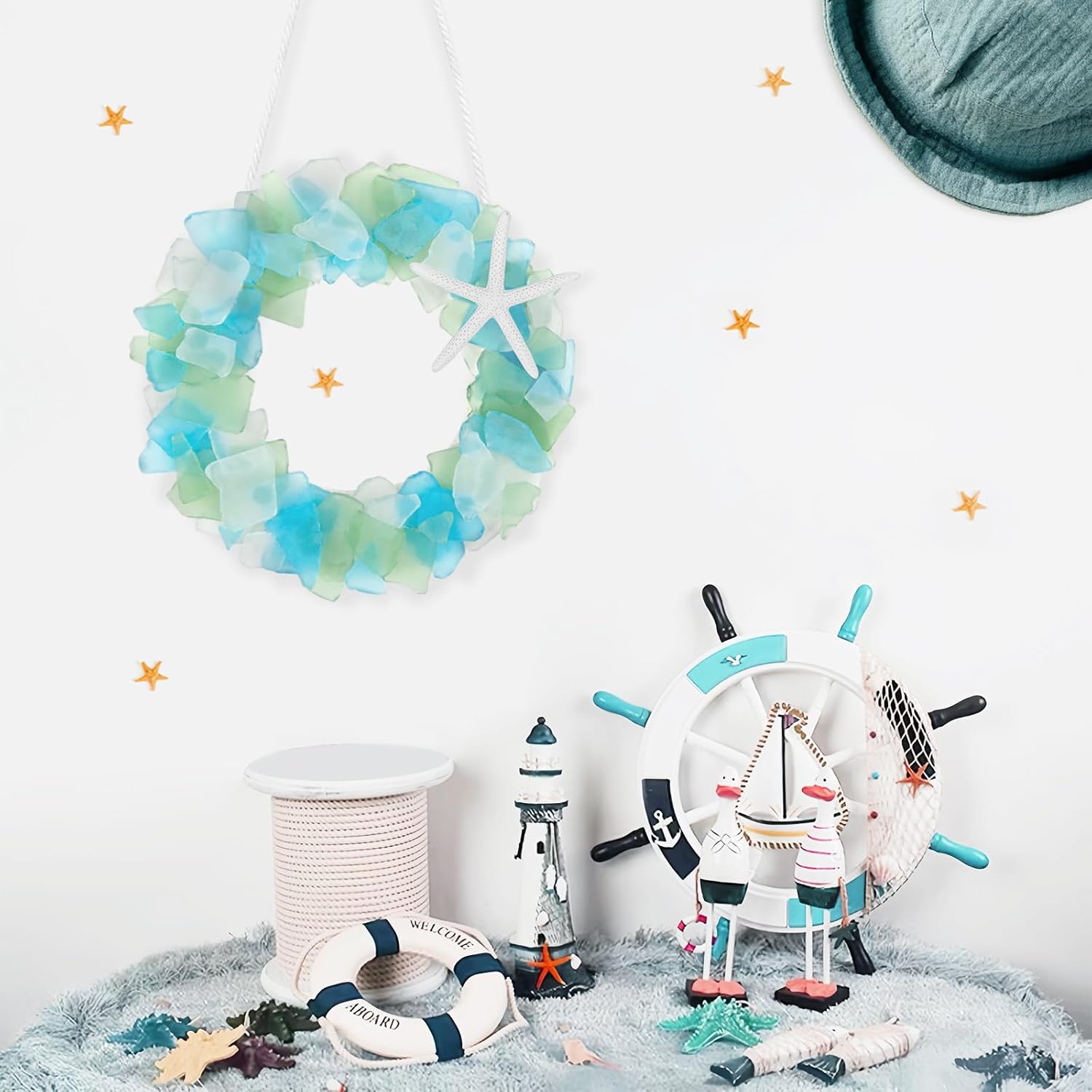 Sea Glass Wreath - Handmade 8.5 Inch Beach Wreath, Coastal Style Christmas Decor Wreaths for Home Decor, Door, Window, Kitchen Cabinet, Chair and Wall-uFunSpace