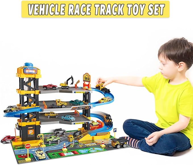 Parking Garage Toy Playset, Race Car Ramp Track Toys Sets Garage Playset with 6 Little Alloy Construction Cars Adventure Track-uFunSpace