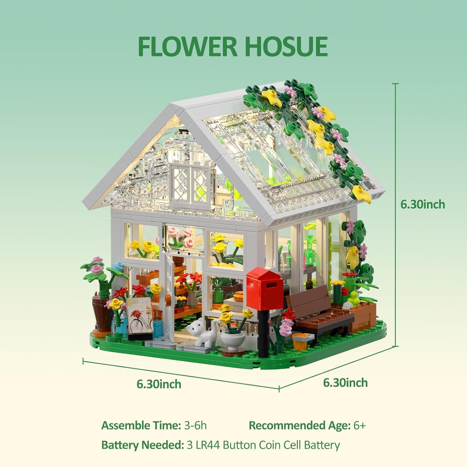 Building Set, Garden House Building Toy with LED Light, Creative Building Playset, Build a Greenhouse Model, Great Gift for Friends or Girls (597 Pieces)-uFunSpace