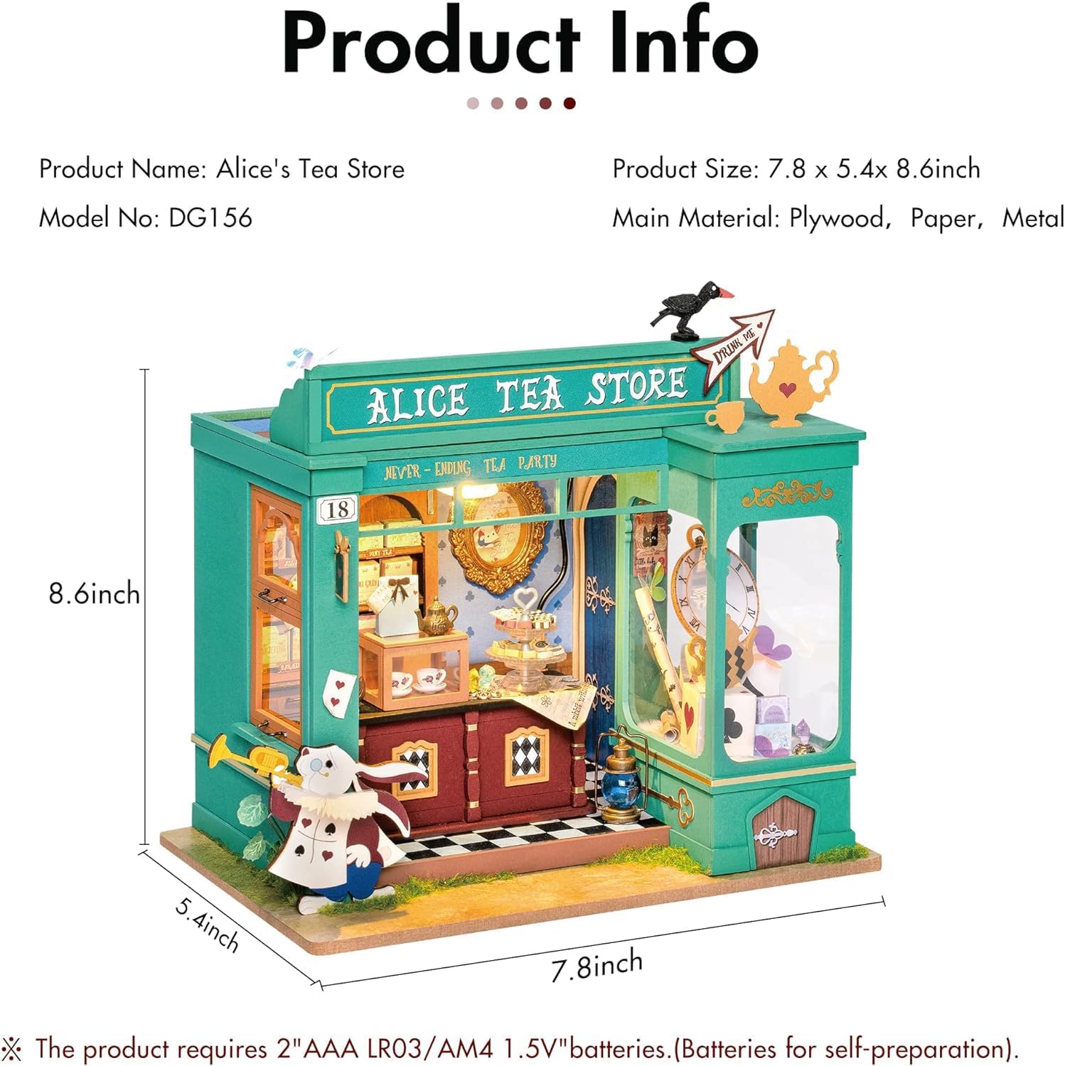 Product dimensions and size chart for Rolife DG156 Alice's Tea Store miniature kit (7.8 x 5.4 x 8.6 inches).-uFunSpace