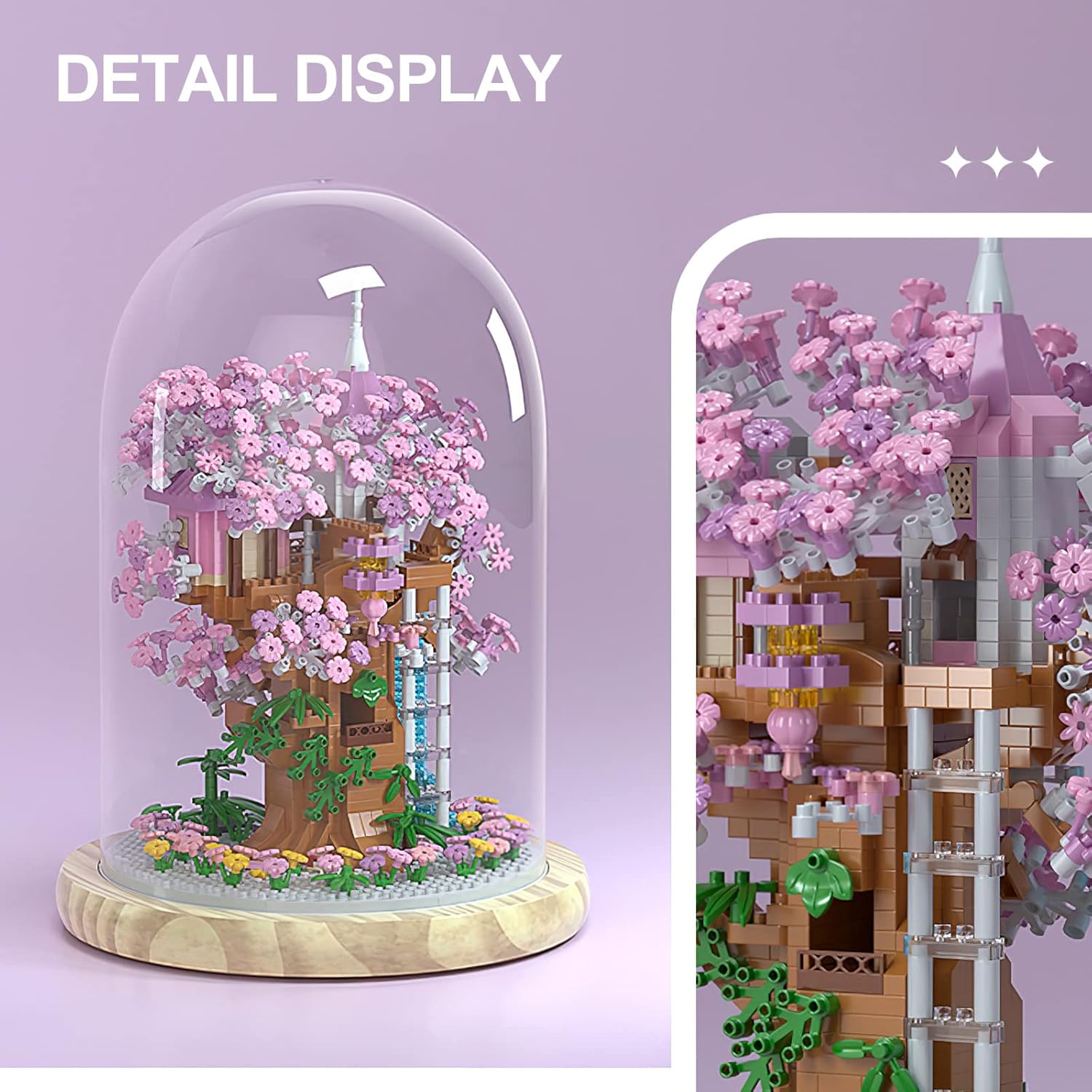 Cherry Blossom Bonsai Tree House Building Flowers Set for Adults, 1382 Pcs Micro-Particle Ideas Sakura Tree Building Blocks, Complete with String Lights, Dust Cover, and Wooden Base-uFunSpace