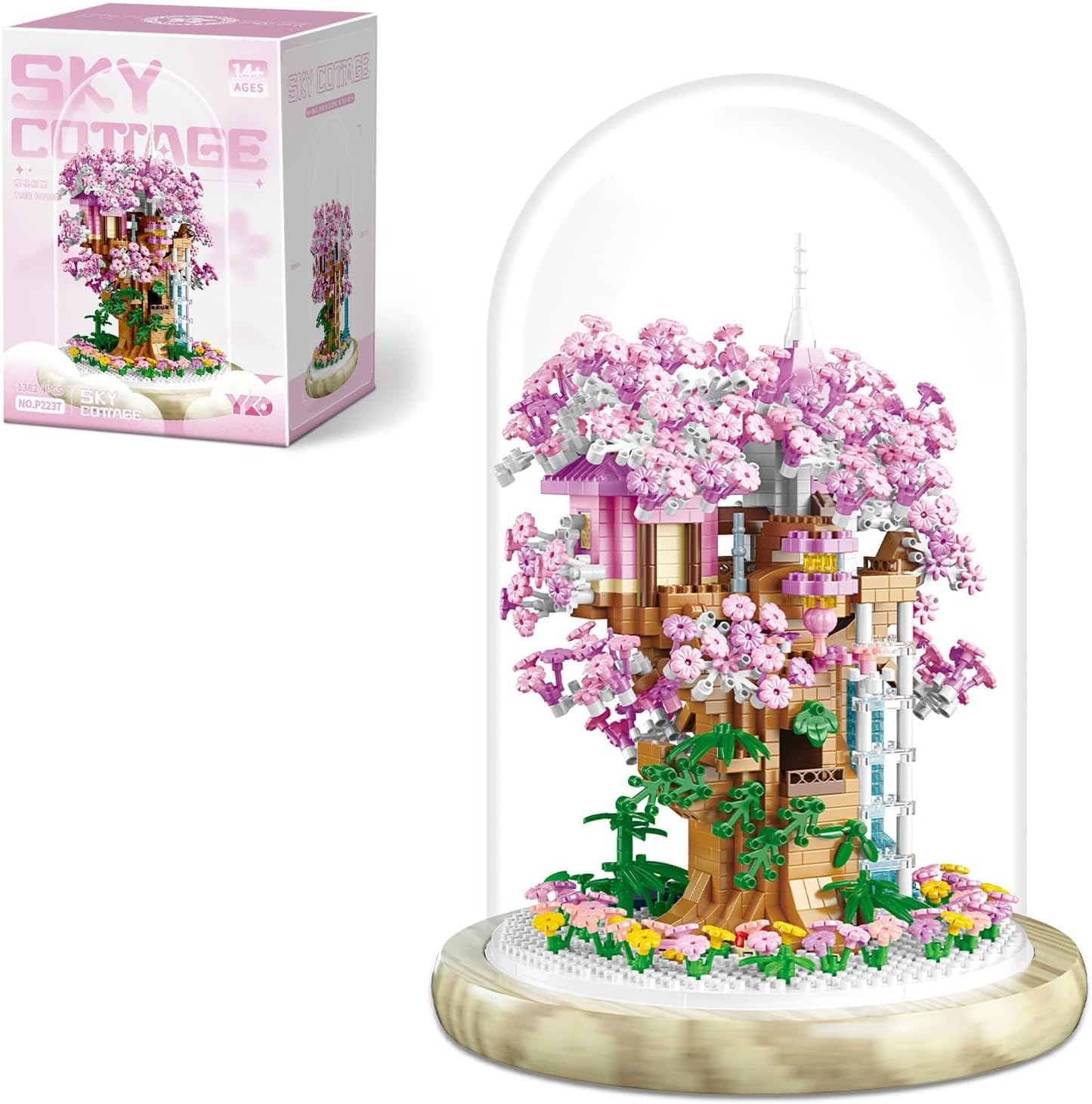 Cherry Blossom Bonsai Tree House Building Flowers Set for Adults, 1382 Pcs Micro-Particle Ideas Sakura Tree Building Blocks, Complete with String Lights, Dust Cover, and Wooden Base-uFunSpace