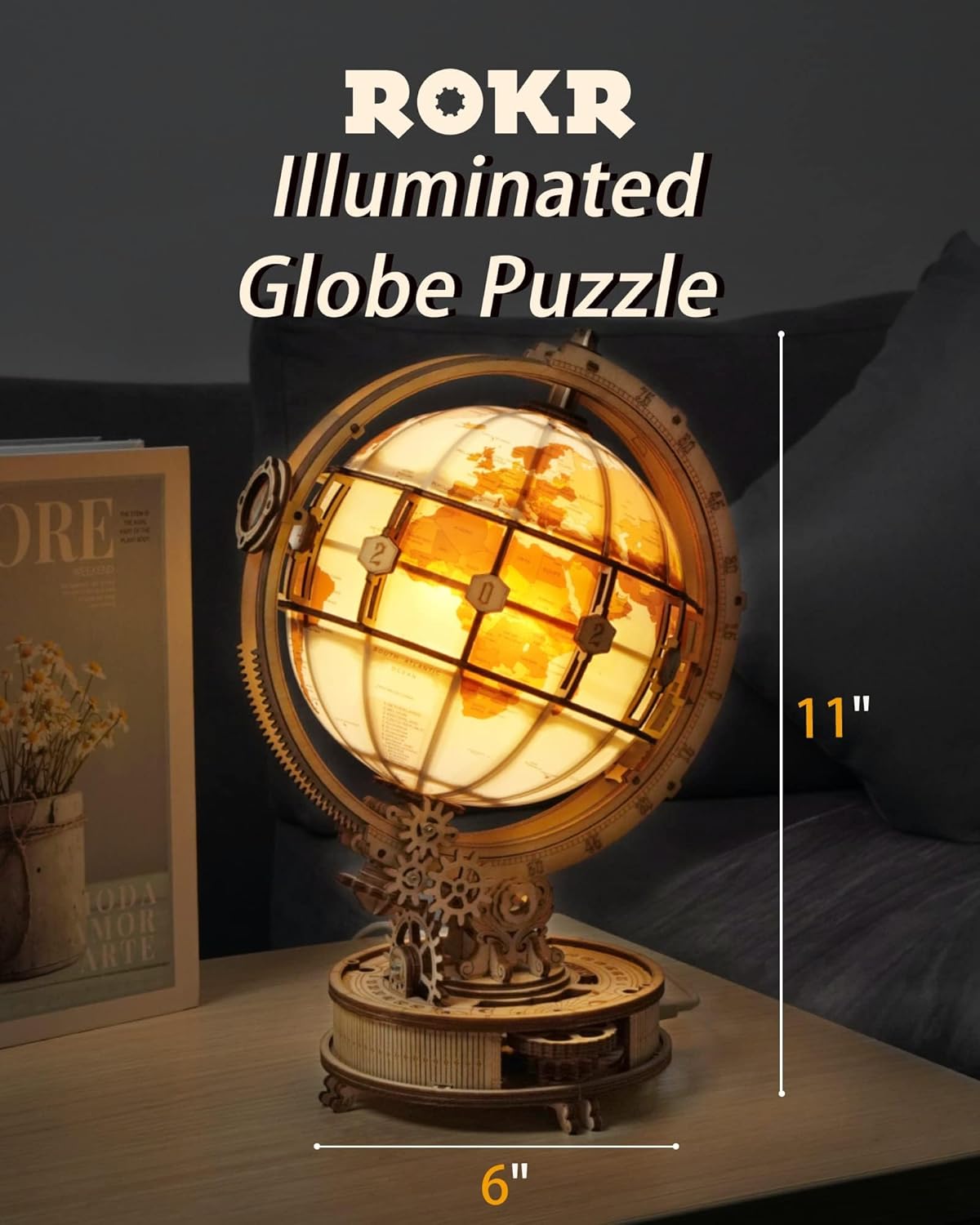 3D Wooden Puzzles for Adults-LED Illuminated Wooden Globe Puzzle-Model Building Kits-Room Decor for Teen Girls Boys Women Men-uFunSpace
