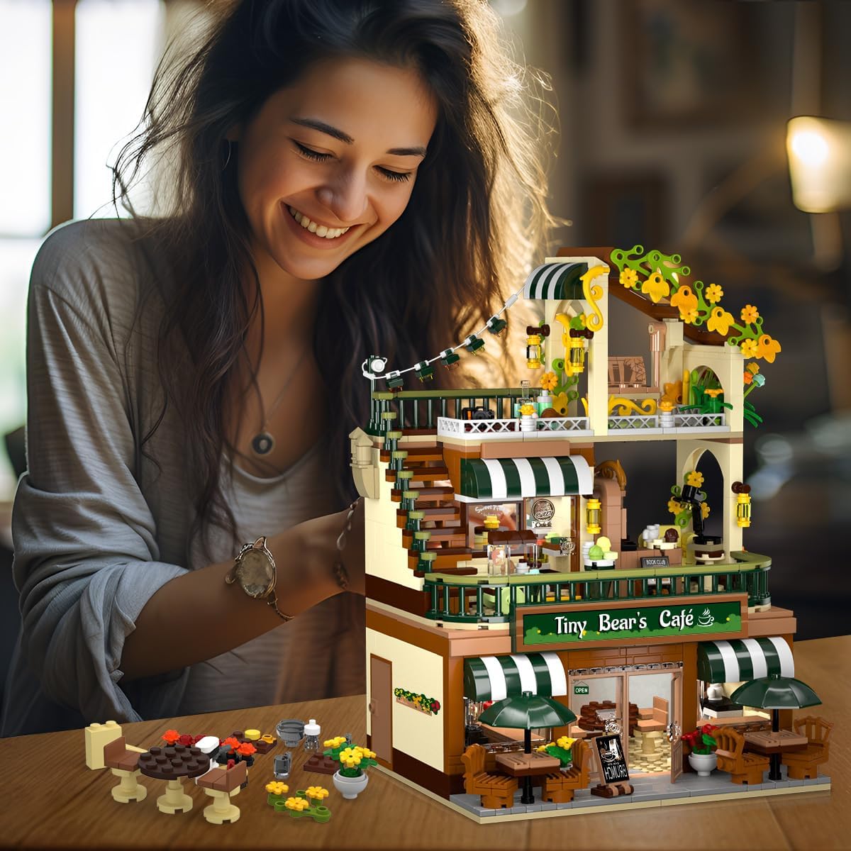 City Coffee House Building Set with Light, 1173 PCS Cafe Shop Building Block Toy with Ordering Counter Baking Room, Architecture Construction Model for Adults Teens Kids Boys Girls Ages 6-12+-uFunSpace