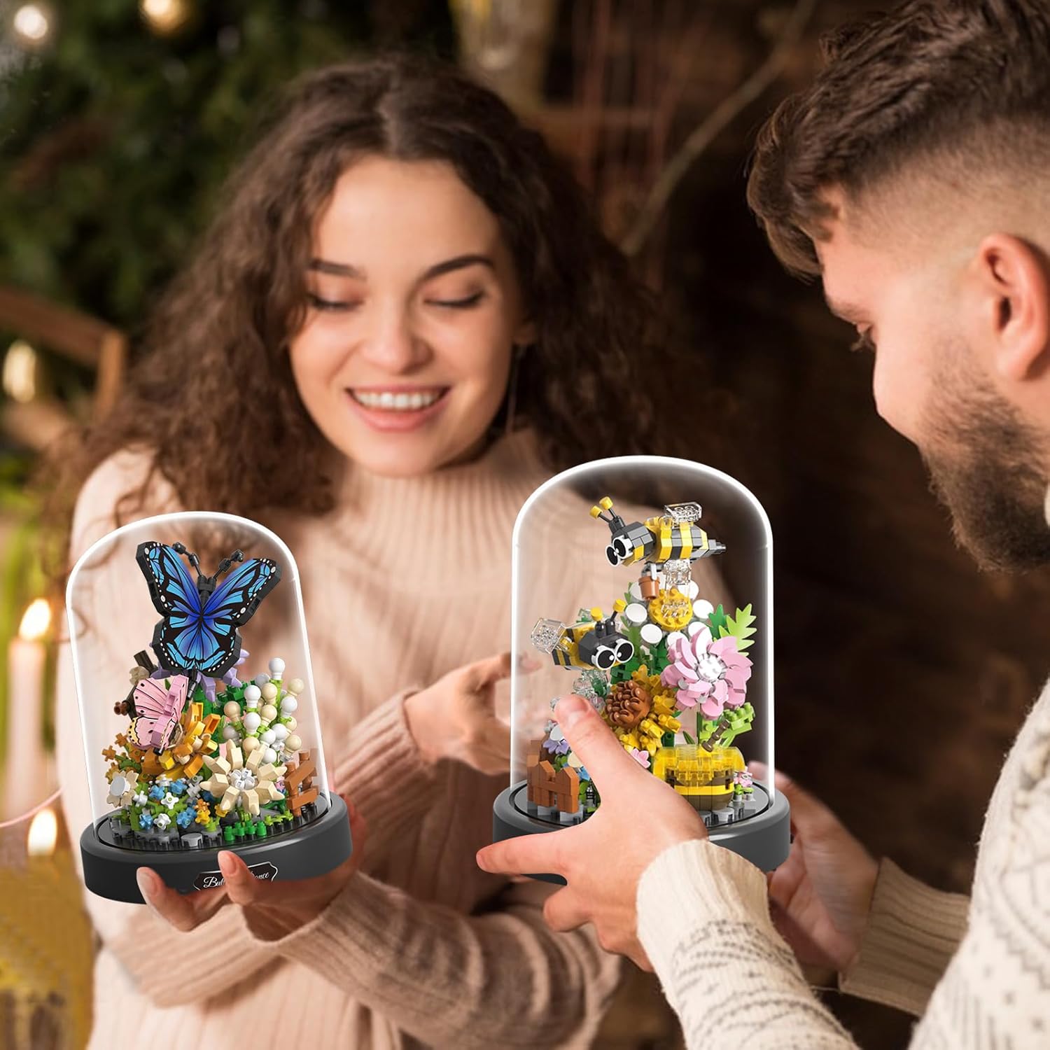 2 Flowers Bouquet Building Set Insect Collection Not Compatible with Lego, Mini Animals Bee & Sunflowers, Butterfly & Rose Botanical Stacking Building Blocks, Plant Bonsai Tree Ideal Gift-uFunSpace