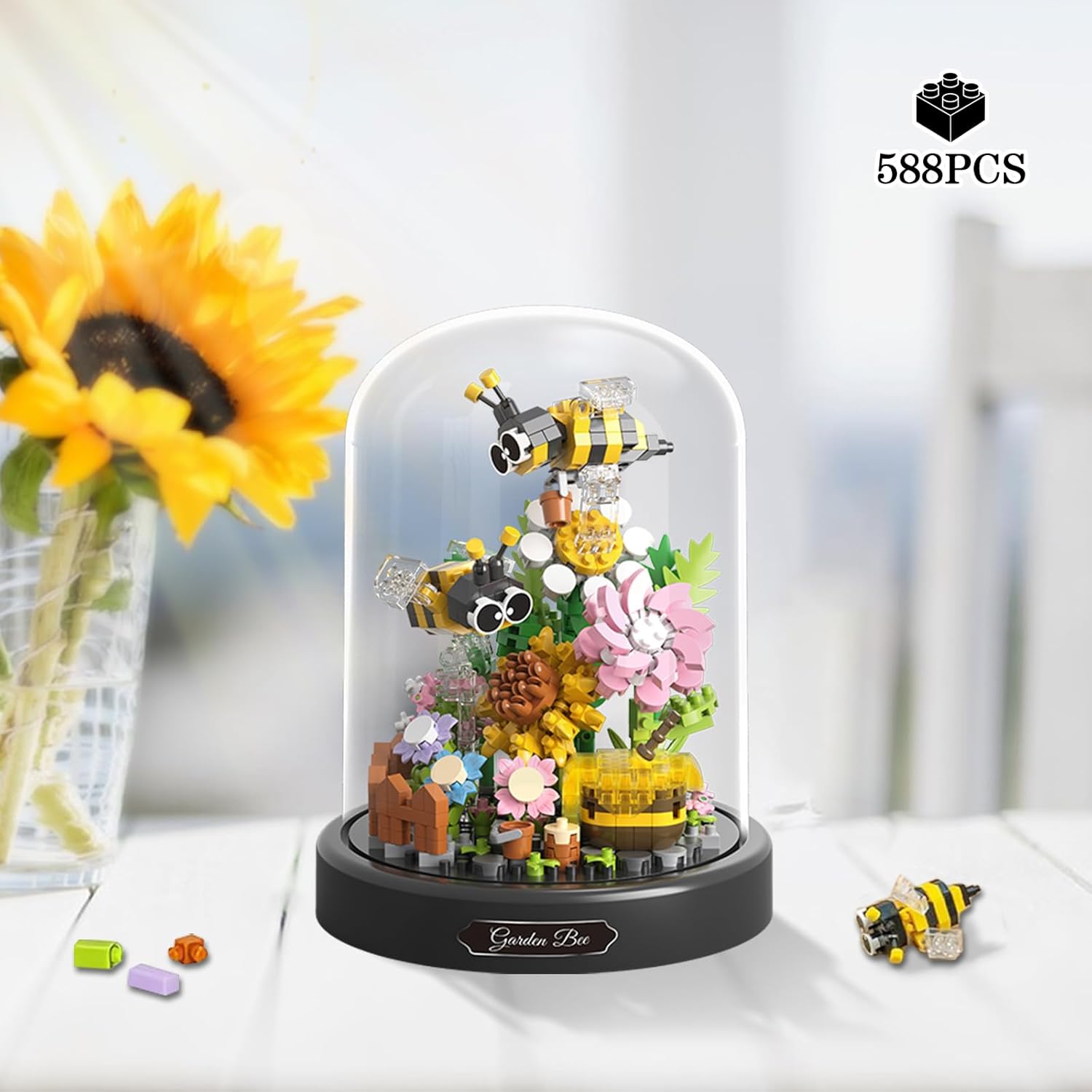 2 Flowers Bouquet Building Set Insect Collection Not Compatible with Lego, Mini Animals Bee & Sunflowers, Butterfly & Rose Botanical Stacking Building Blocks, Plant Bonsai Tree Ideal Gift-uFunSpace