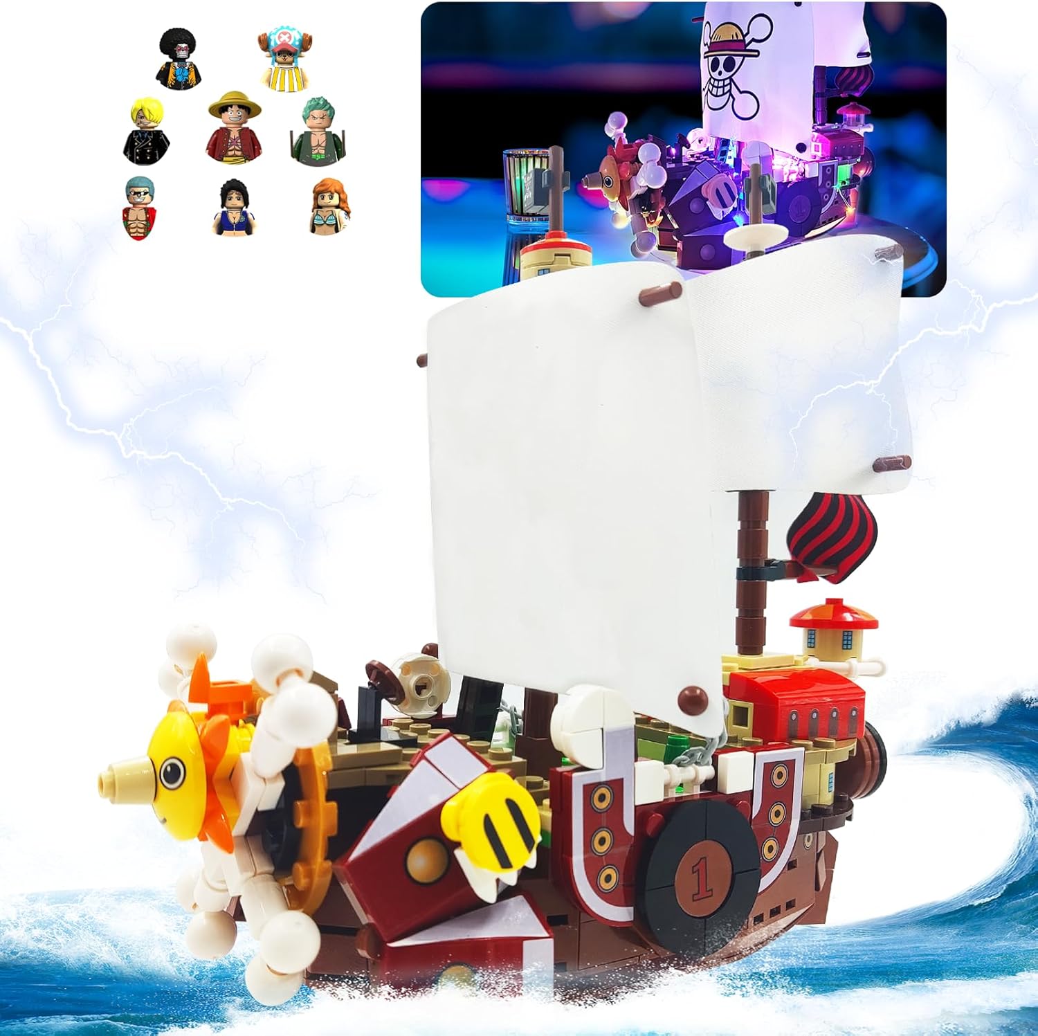 1pcs Anime Thousand Sunshine Ship Building Blocks Set with Lights, Comes with 9 Action Figures, One Piece Merch Pirate Ship Model Building Ideal Gift for Children, Fans (432pcs)-uFunSpace