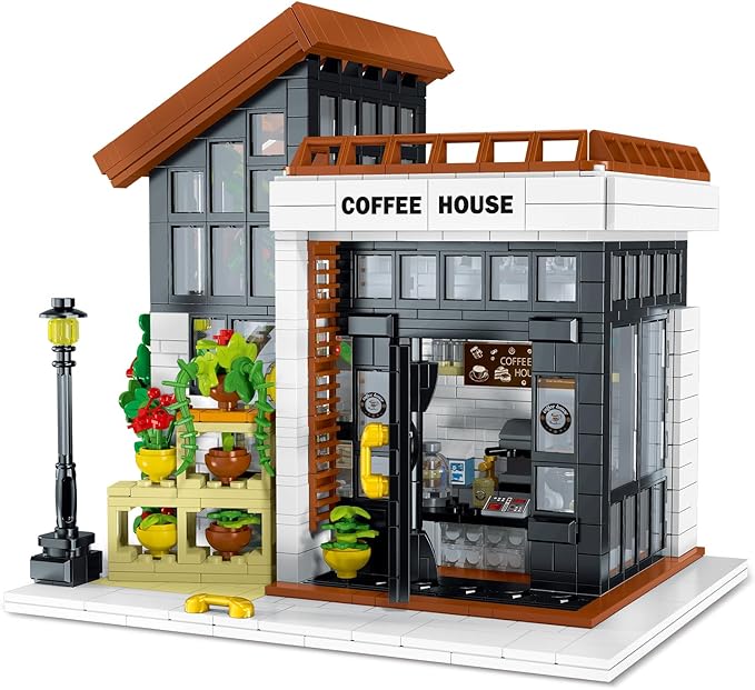 City Cafe Architecture Building Kit,Coffee House Model Building Blocks Toy with LED Light for Teen, Adult(1512 Pieces)-uFunSpace