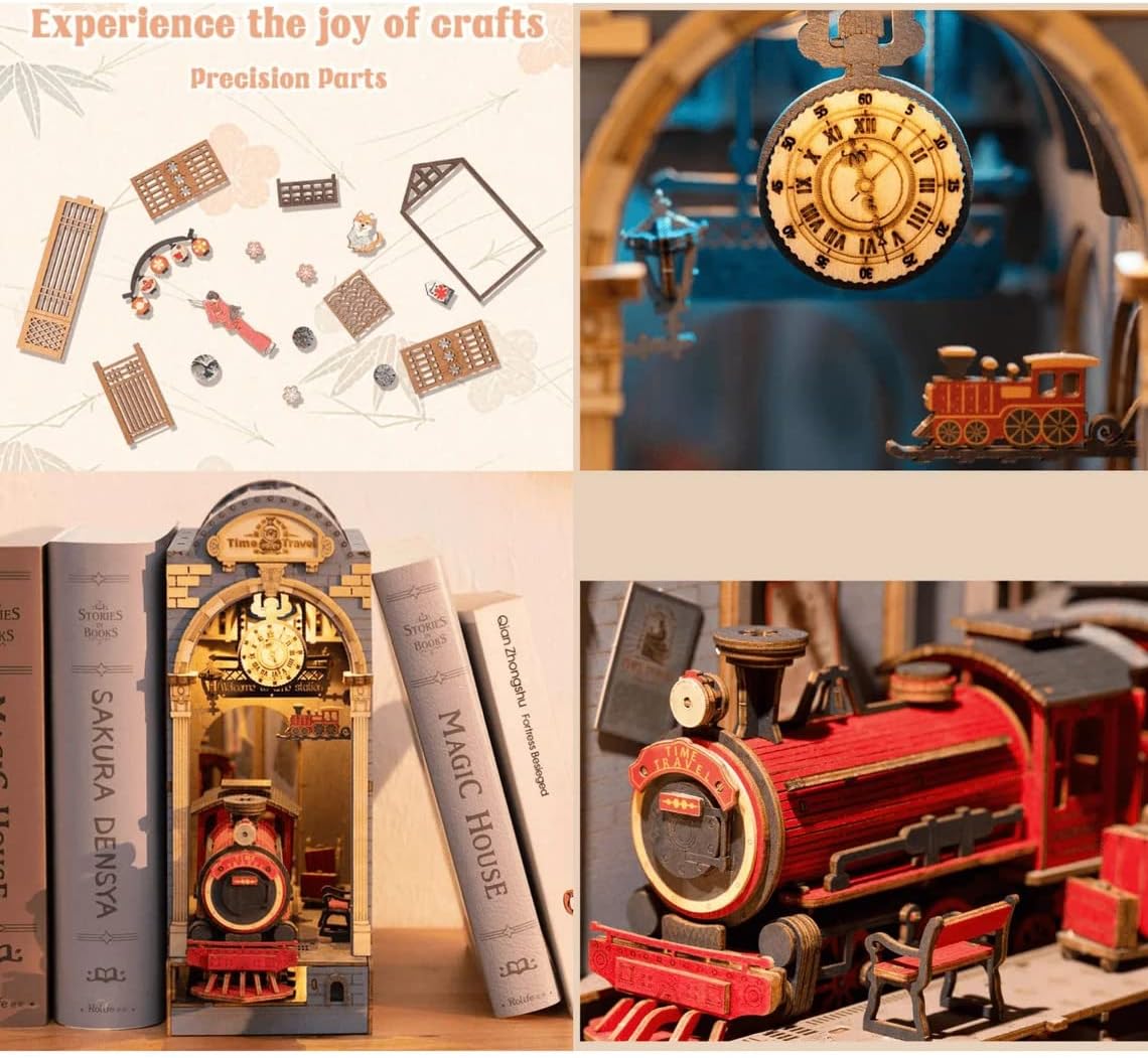 Close-up details of the Time Travel book nook showing the intricate vintage wall clock, steam locomotive engine, and precision wooden parts.-uFunSpace