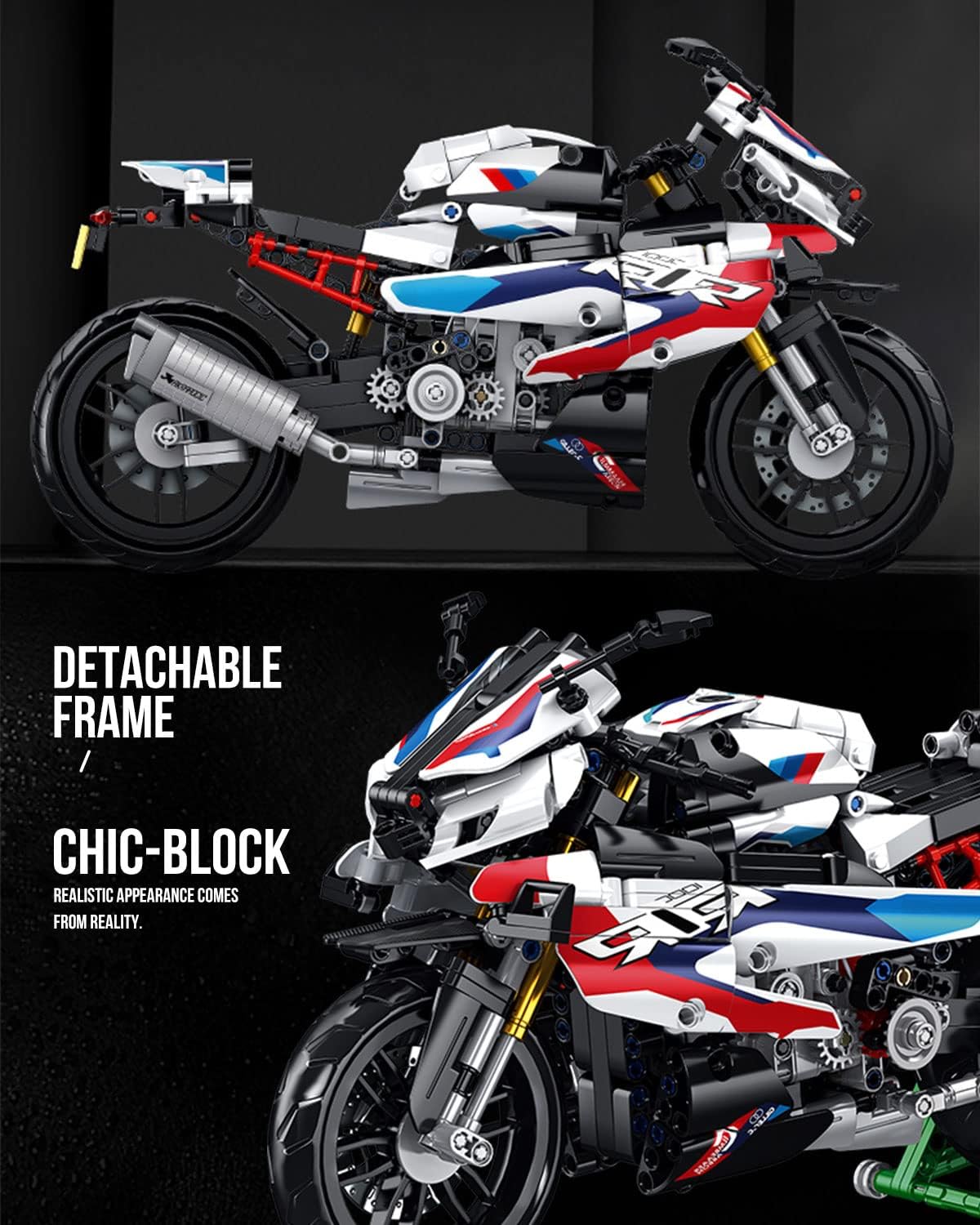 Motorcycle 1000 RR Model Building Blocks Set, 912 Blocks, MOC Toys as Gift for Kids or Adults