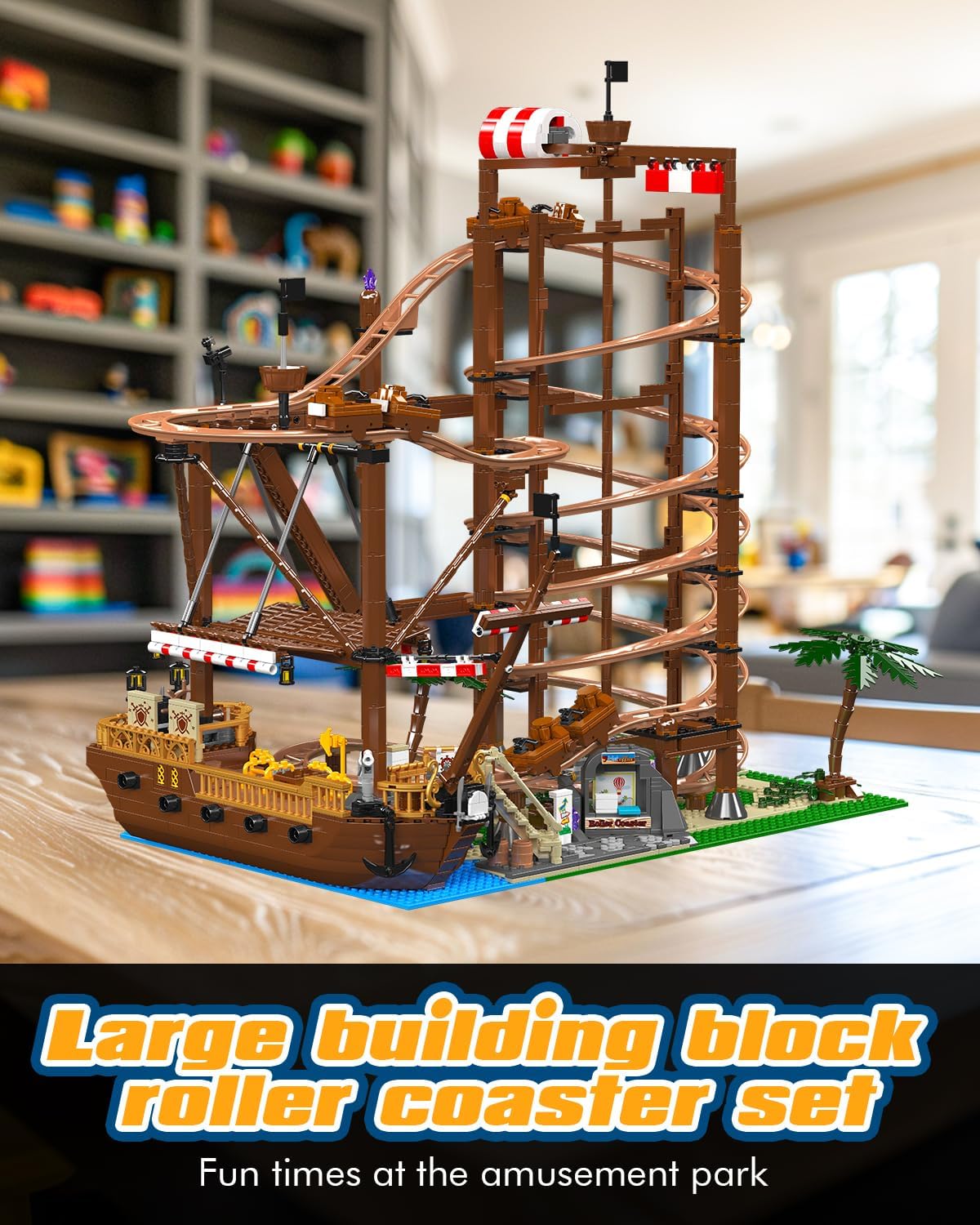 Roller Coaster Building Blocks Set - Electrical Funfair Pirate Ship Track Amusement Park Construction Blocks Toys Model with Motors - Birthday Gift Idea for Boys and Adults-uFunSpace