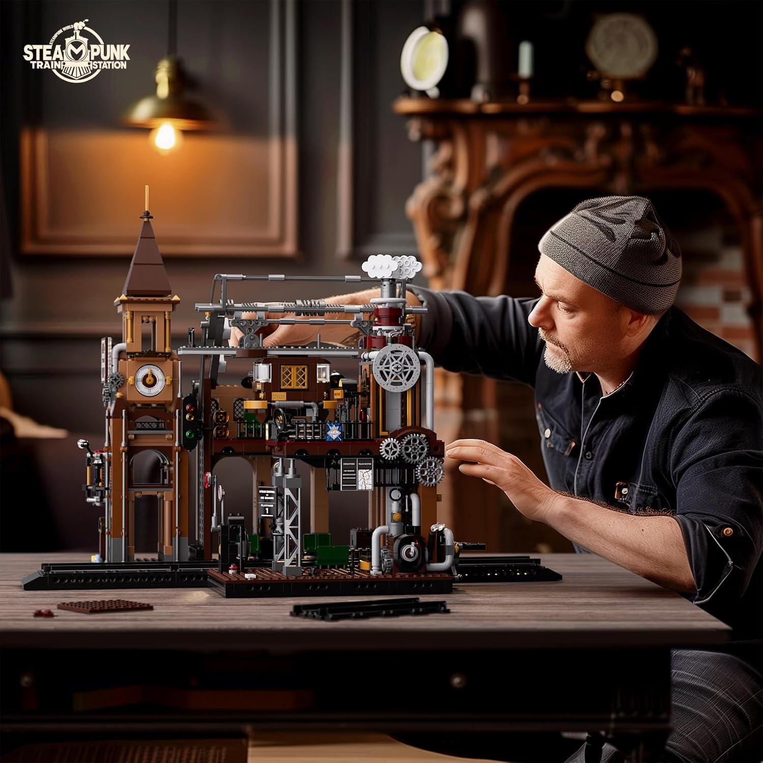 Train-Station Lighting Building Bricks Set - Steampunk LED Light Building Set 1843 Pieces for Adults and Teens-uFunSpace