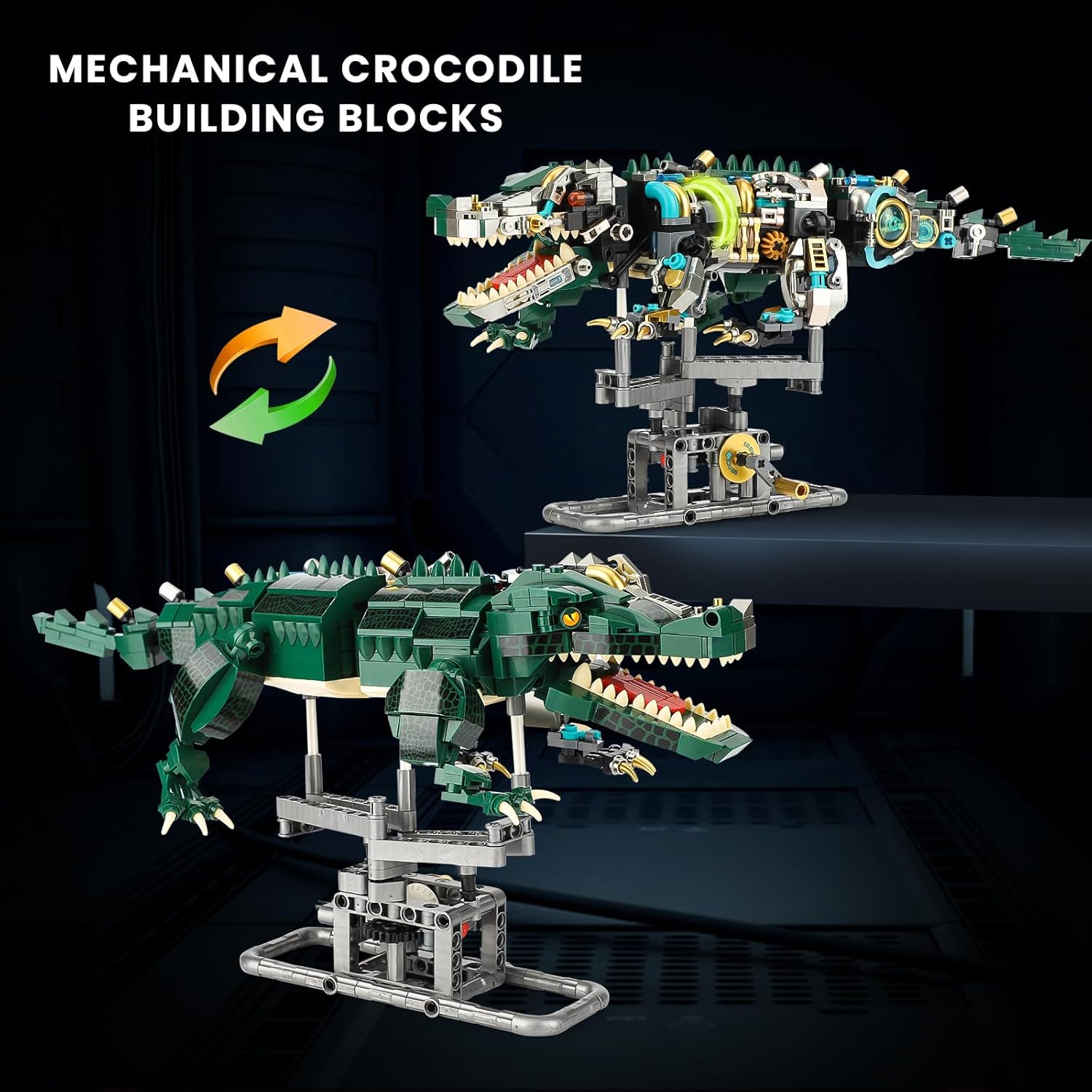 Mechanical Crocodile Building Set, Jurassic Animal Toy with Display Stand and Light, Compatible with Lego Dinosaur, STEM Creative Gift for Adults Teens Boys Age 8-12 (996 PCS)-uFunSpace