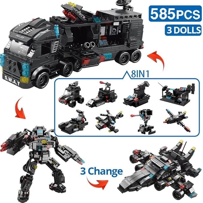 City Police Station Building Kit, Building Block Robot 27 in1 SWAT Police Command Truck Building Kit for Kids City Helicopter Bricks Kit Educational Toys for Boy 6-12 Years Old 585PCS-uFunSpace