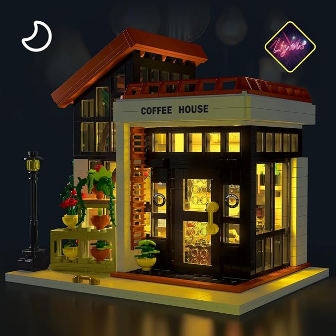 City Cafe Architecture Building Kit,Coffee House Model Building Blocks Toy with LED Light for Teen, Adult(1512 Pieces)-uFunSpace