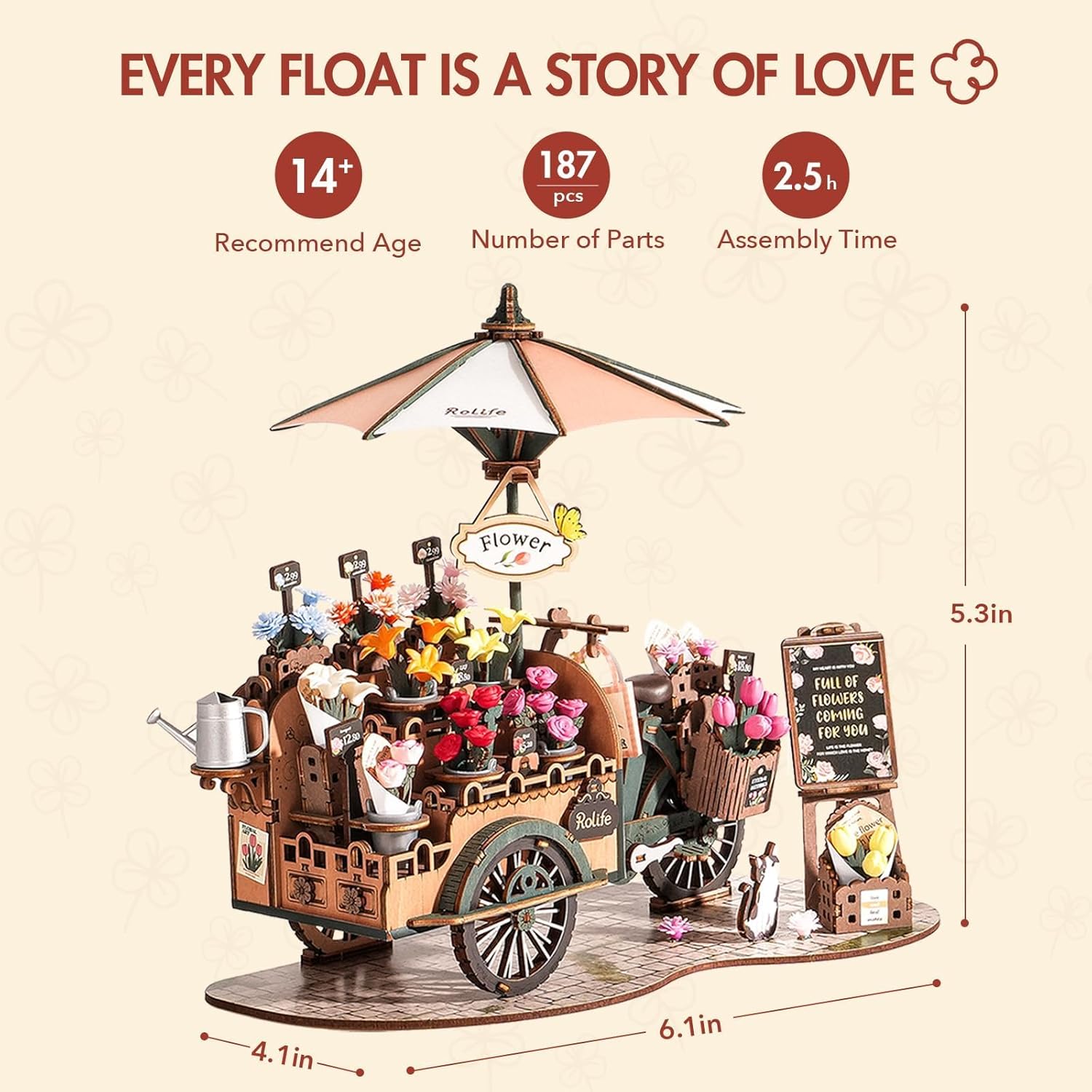 DIY 3D Wooden Puzzle for Adults, Flower Cart Brain Teaser Puzzle for Teens Girls Boys, Creative Craft Hobby Gifts Model Building Kits, Home Decor Assembly Toy-uFunSpace