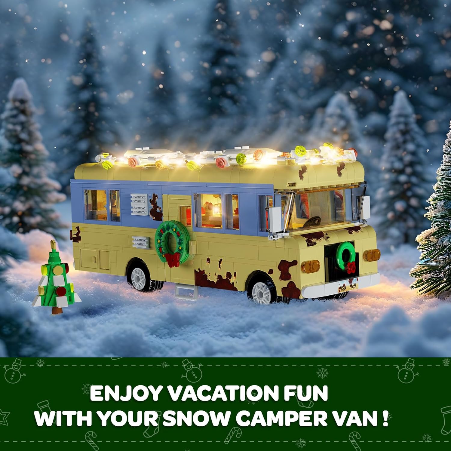 Christmas RV building block set snow car camper building block set with colored lights and Christmas tree Christmas toys winter series suitable for adults and children-uFunSpace