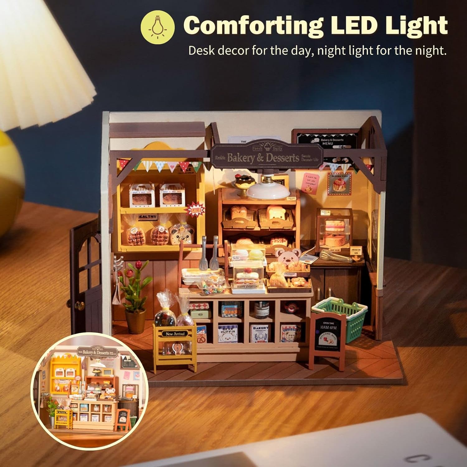 DIY Miniature Doll House Kit, Build Becka's Bakery Diorama House Building Set with LED Room Hobby Craft for Aduls Uniue Gifts for Teens-uFunSpace