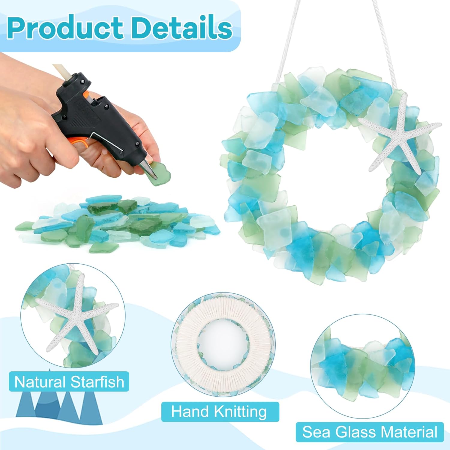 Sea Glass Wreath - Handmade 8.5 Inch Beach Wreath, Coastal Style Christmas Decor Wreaths for Home Decor, Door, Window, Kitchen Cabinet, Chair and Wall-uFunSpace